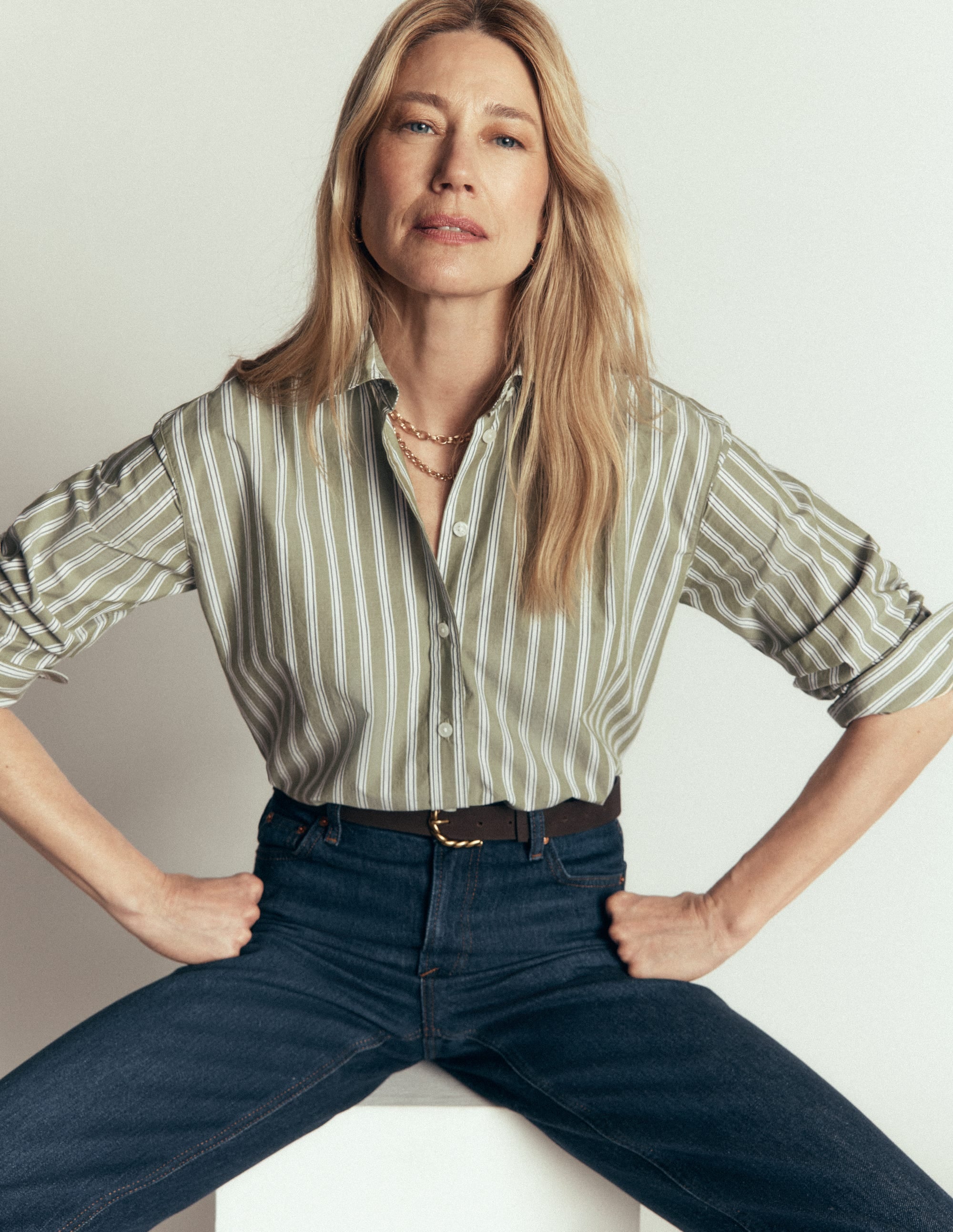 Sienna Cropped Cotton Shirt-Olive, Navy Tram Stripe - Image 1