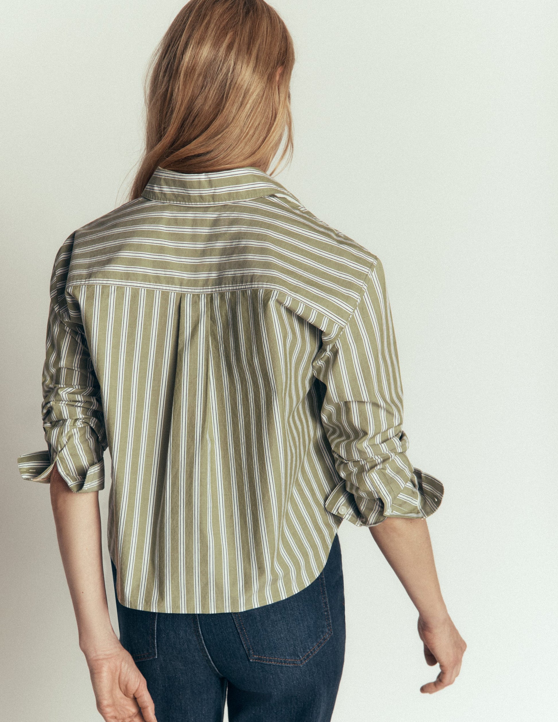 Sienna Cropped Cotton Shirt-Olive, Navy Tram Stripe-2
