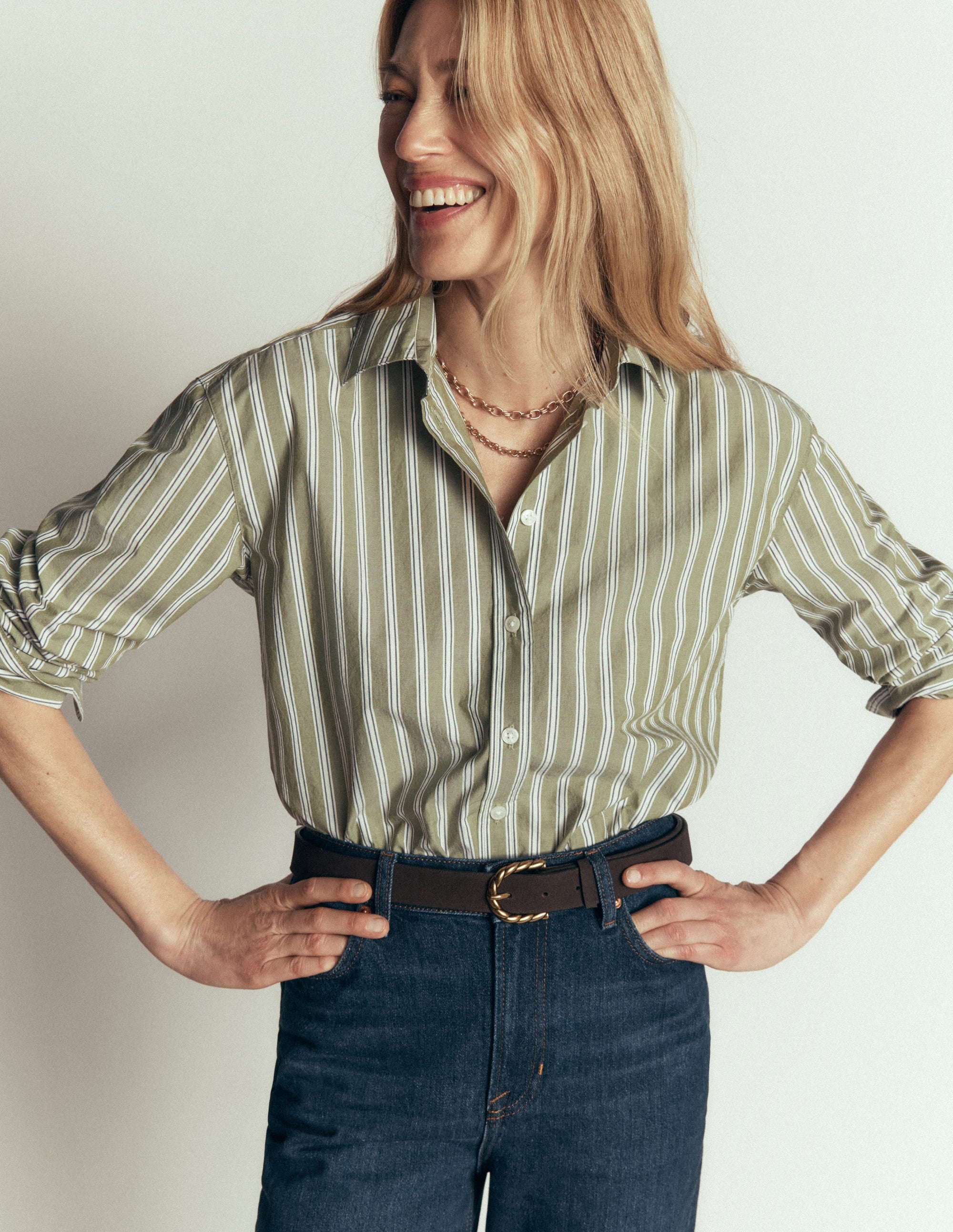 Sienna Cropped Cotton Shirt-Olive, Navy Tram Stripe - Image 3