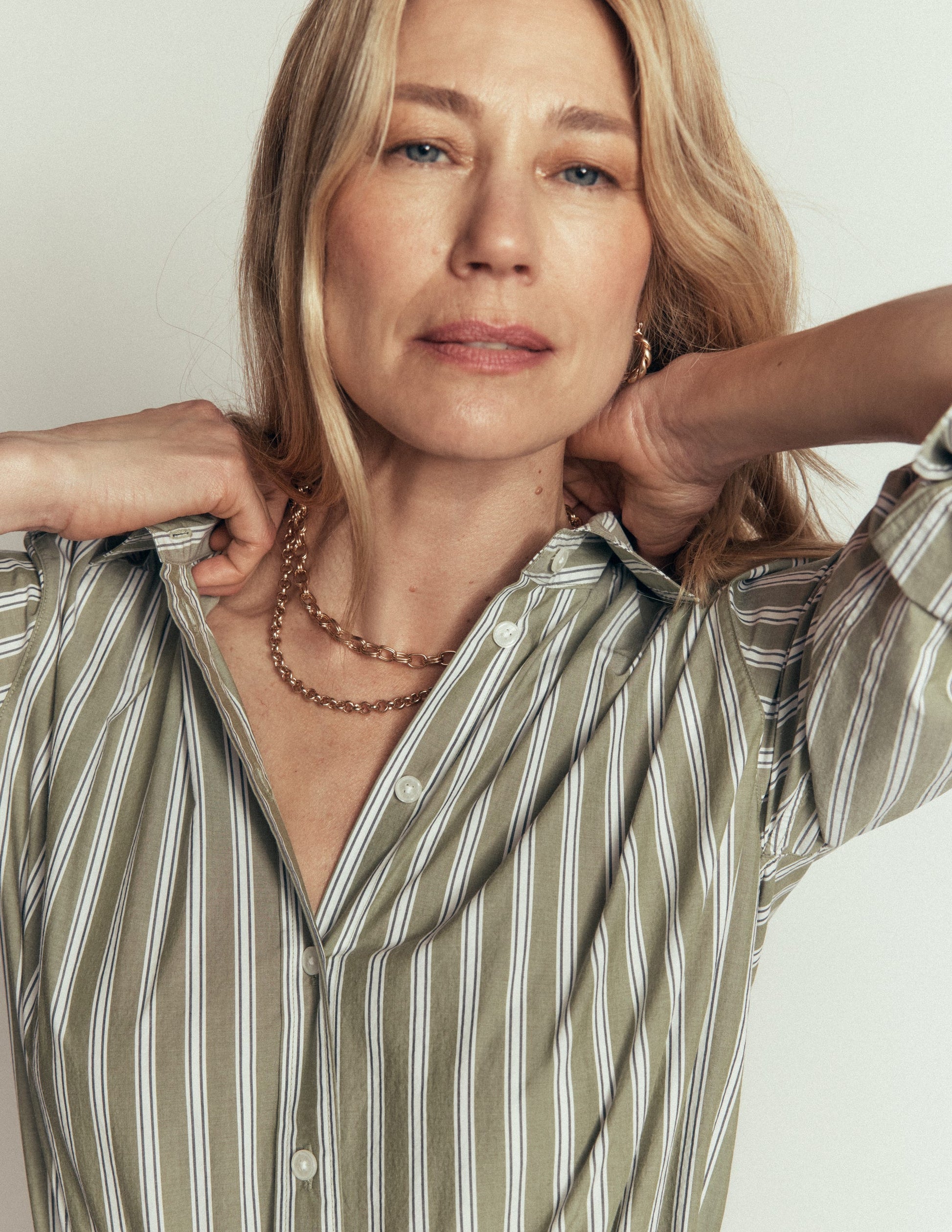 Sienna Cropped Cotton Shirt-Olive, Navy Tram Stripe-5
