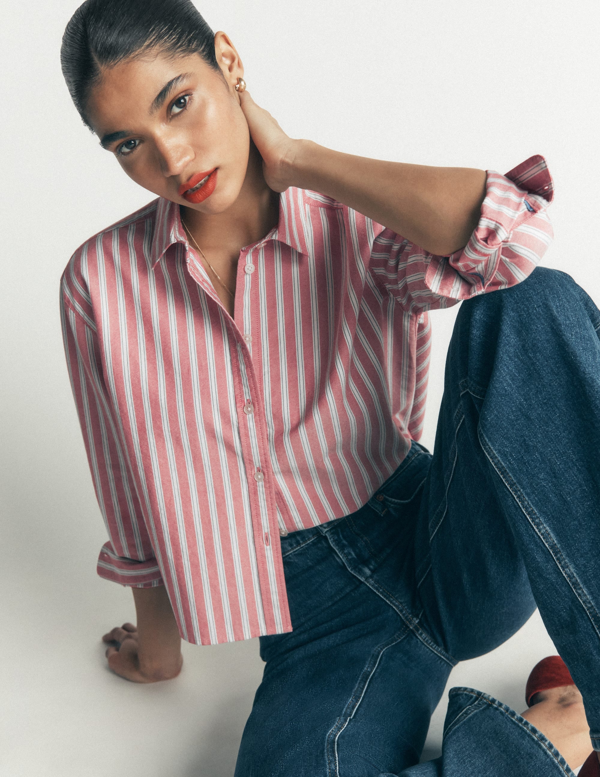 Sienna Cropped Cotton Shirt-Red, Navy Tram Stripe - Image 2