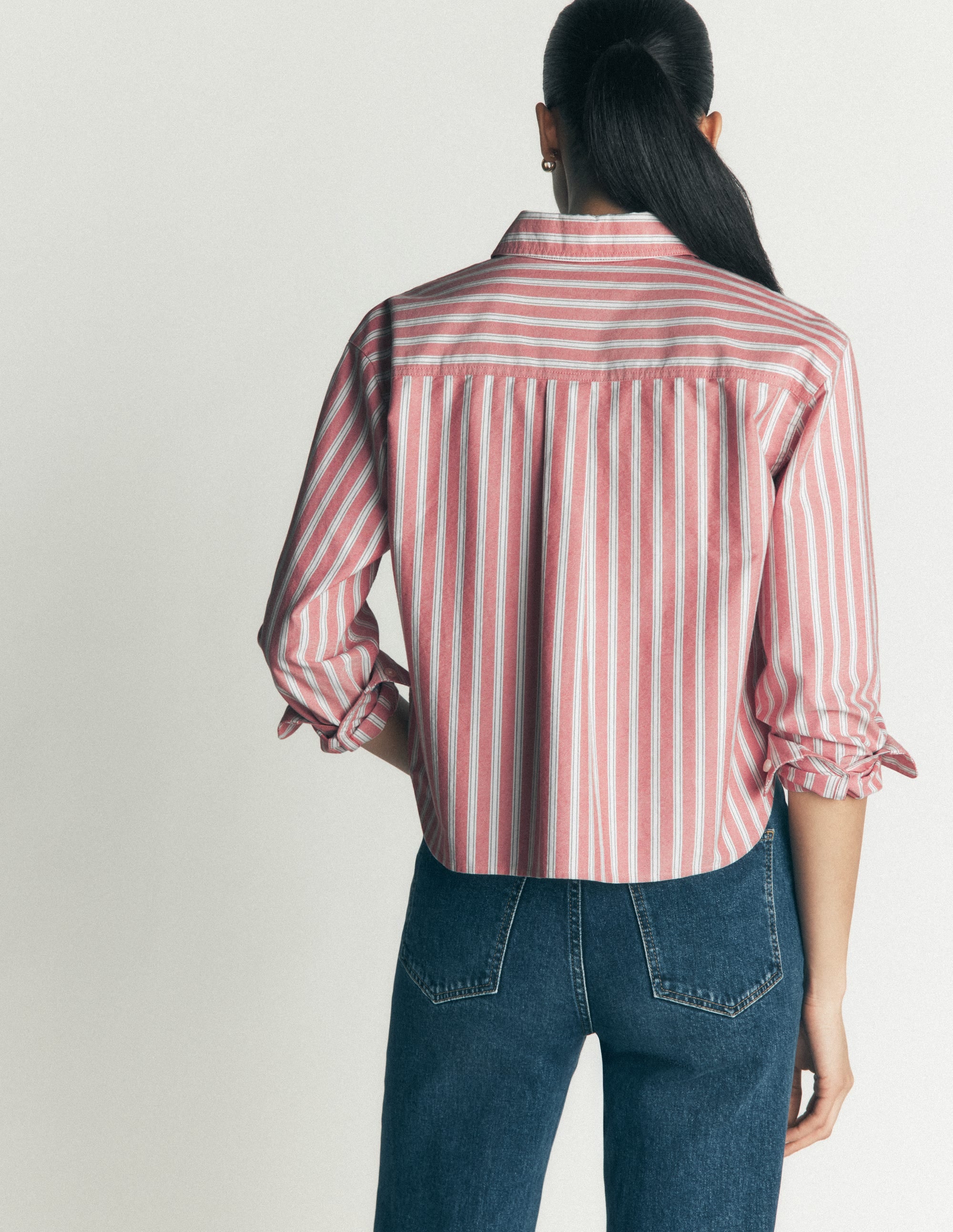 Sienna Cropped Cotton Shirt-Red, Navy Tram Stripe - Image 4