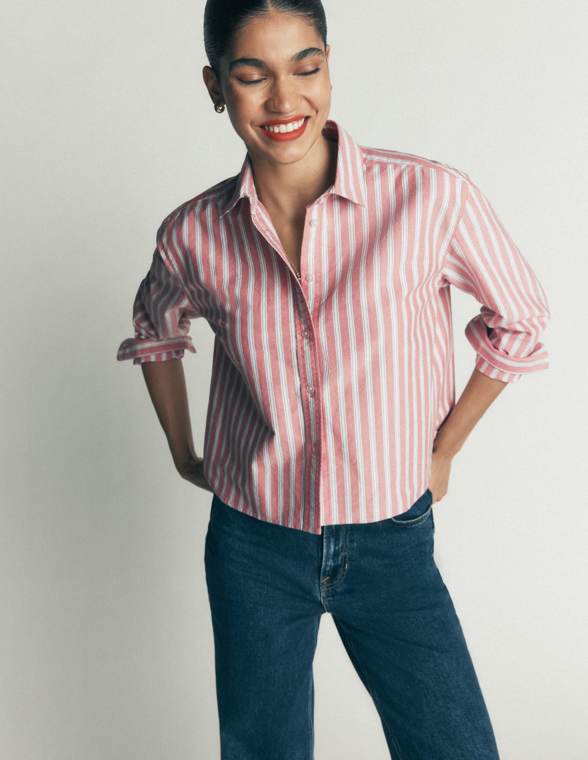 Sienna Cropped Cotton Shirt-Red, Navy Tram Stripe - Image 5