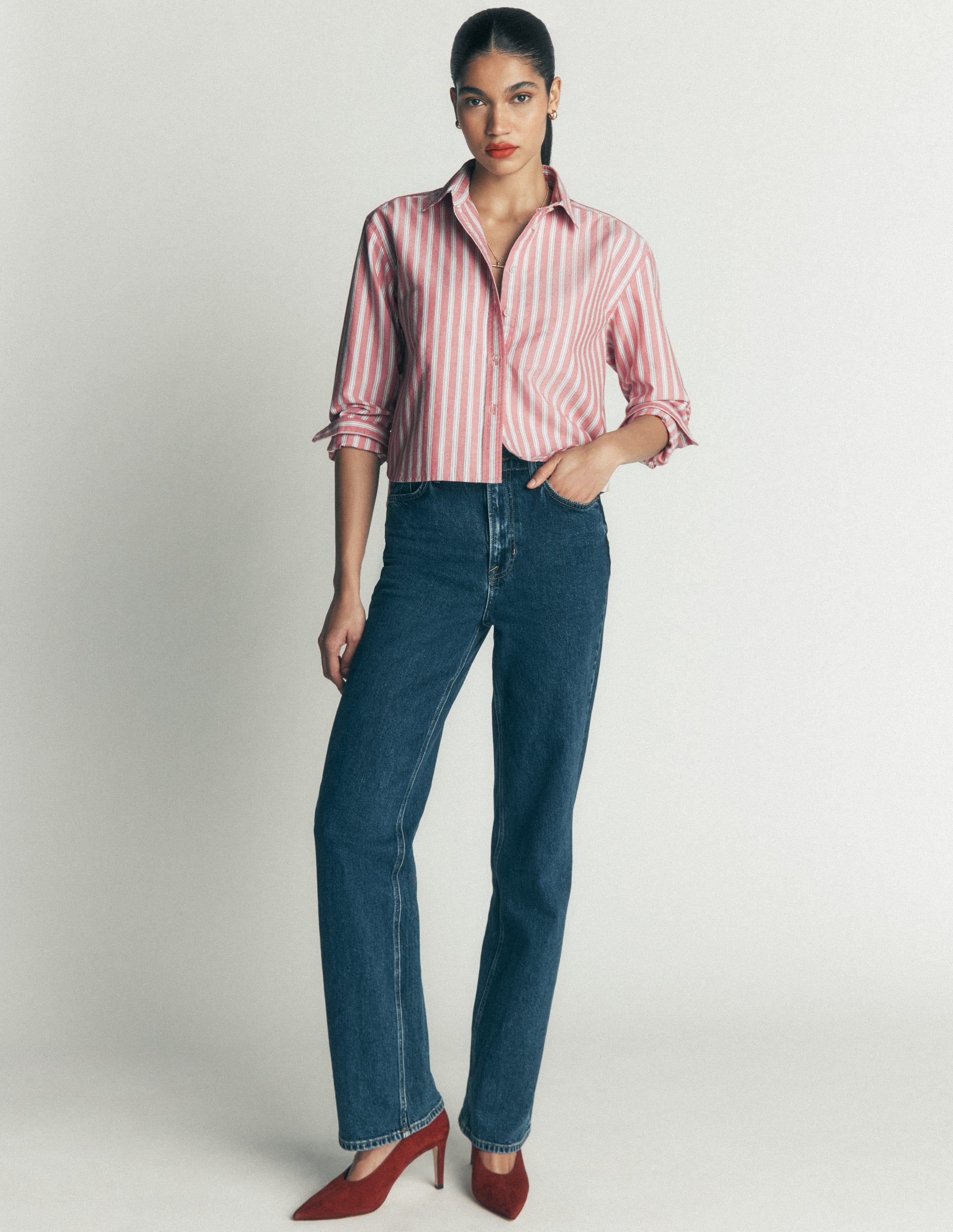 Sienna Cropped Cotton Shirt-Red, Navy Tram Stripe - Image 6