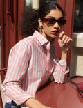 Sienna Cropped Cotton Shirt-Red, Navy Tram Stripe