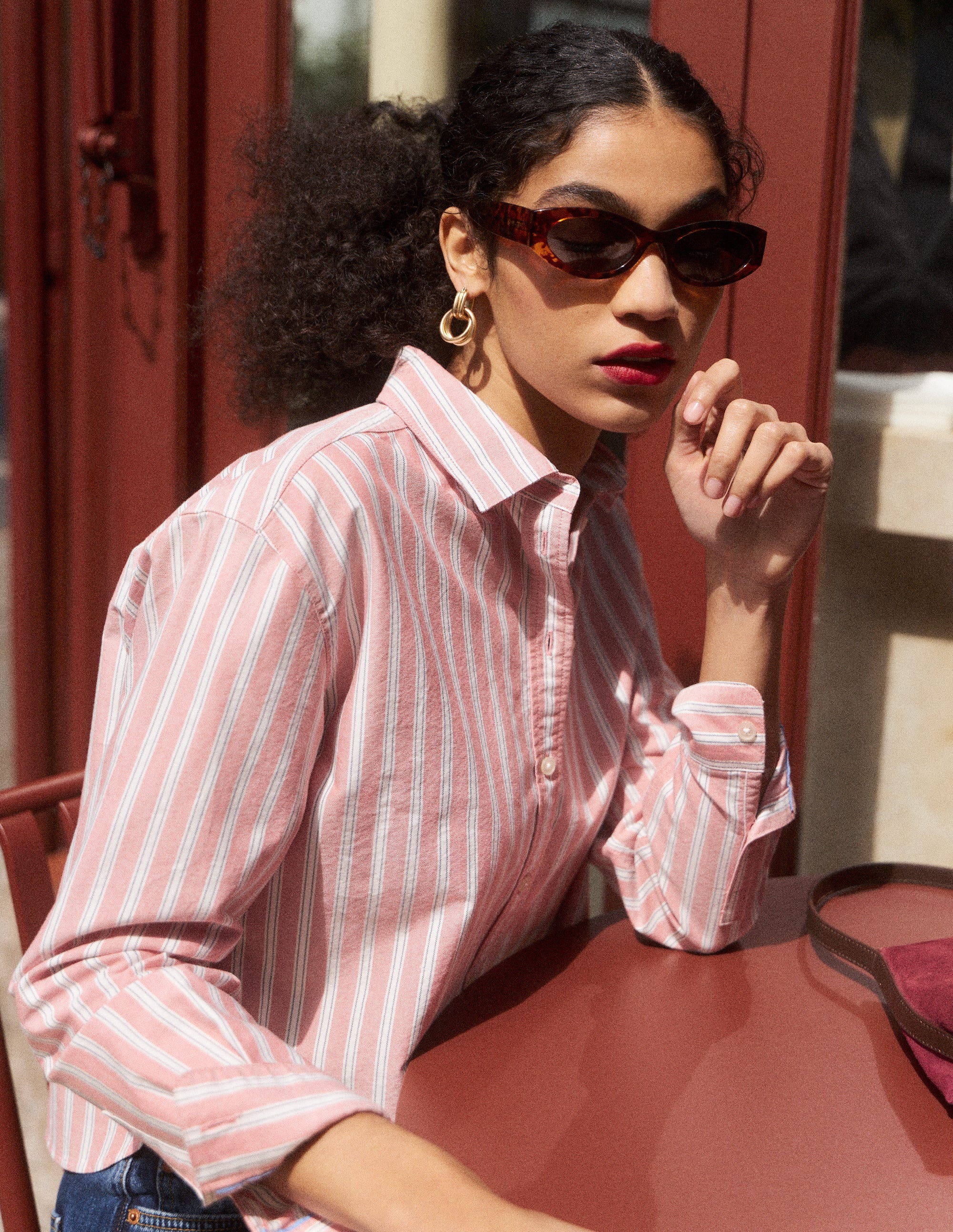 Sienna Cropped Cotton Shirt-Red, Navy Tram Stripe - Image 1