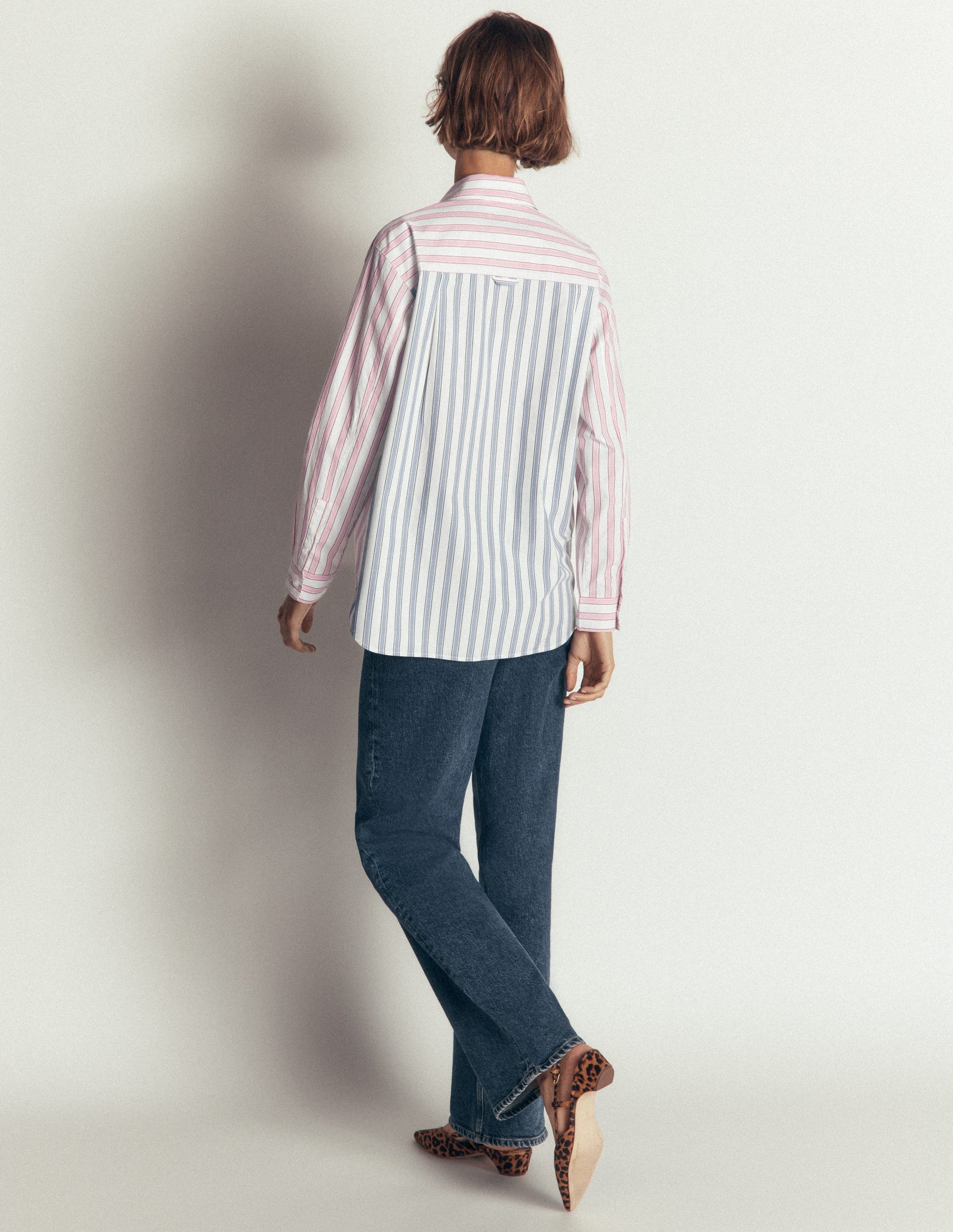 Sienna Relaxed Cotton Shirt-Pink and Blue, Hotched Stripe-3