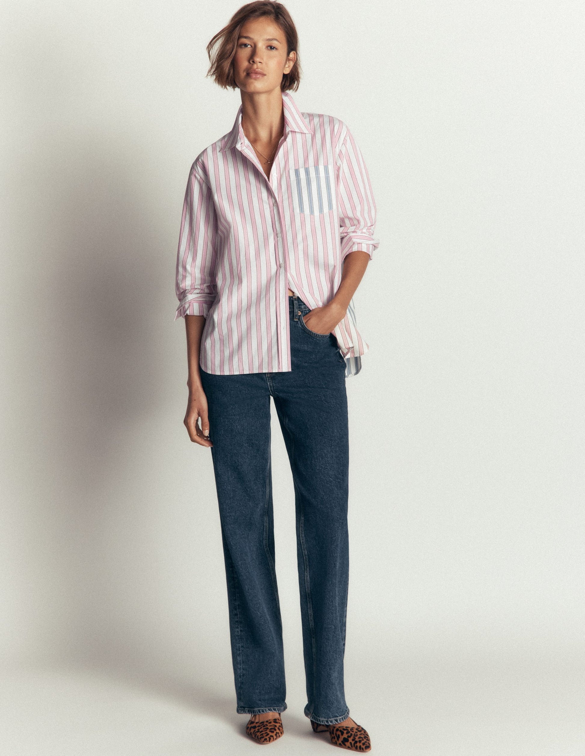 Sienna Relaxed Cotton Shirt-Pink and Blue, Hotched Stripe-4