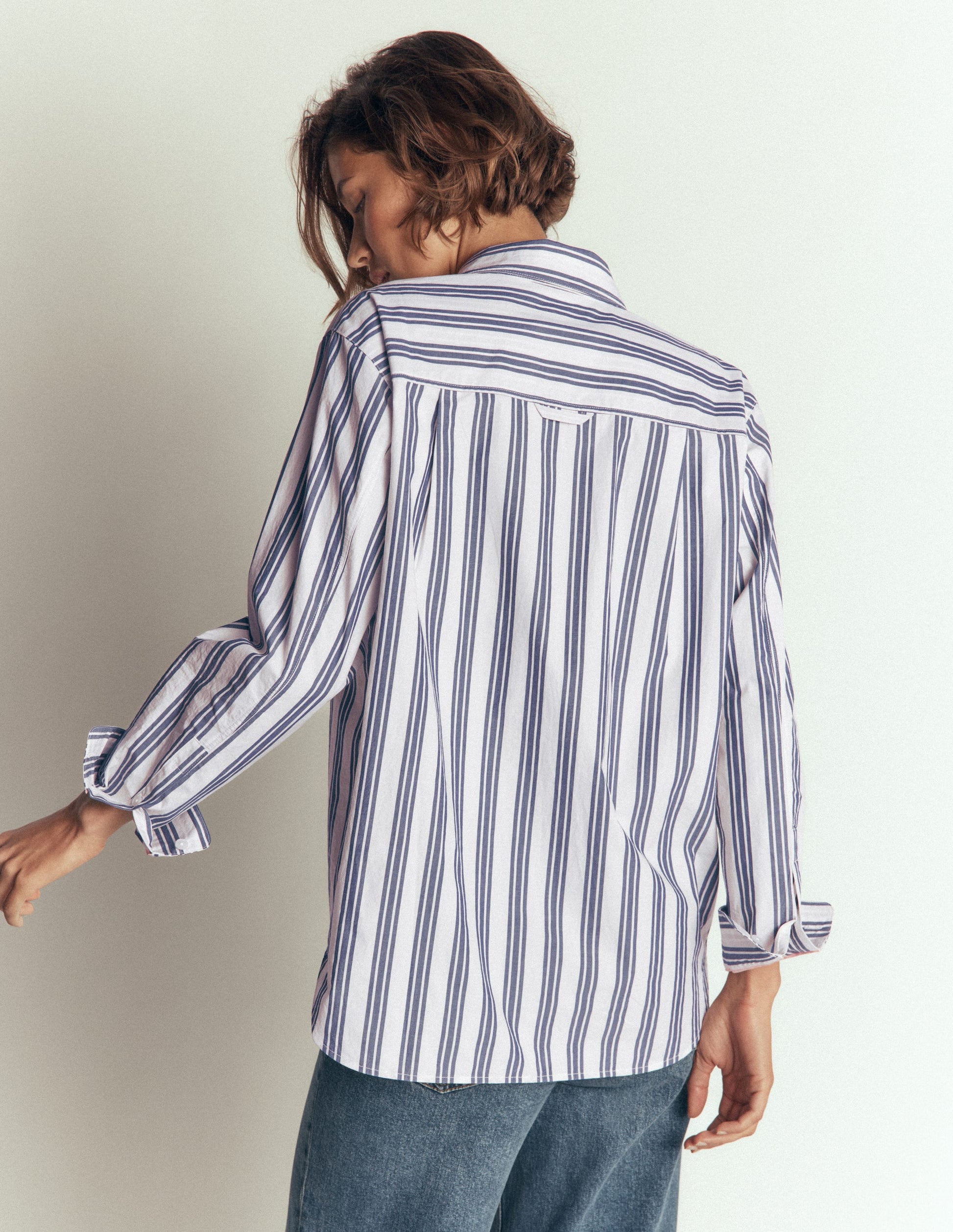 Sienna Relaxed Cotton Shirt-Ivory, Navy Tram Stripe-3