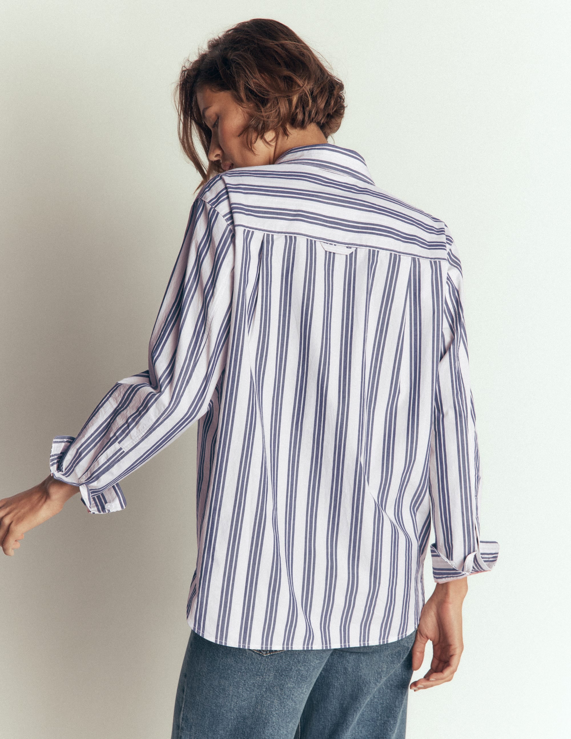 Sienna Relaxed Cotton Shirt-Ivory, Navy Tram Stripe - Image 3