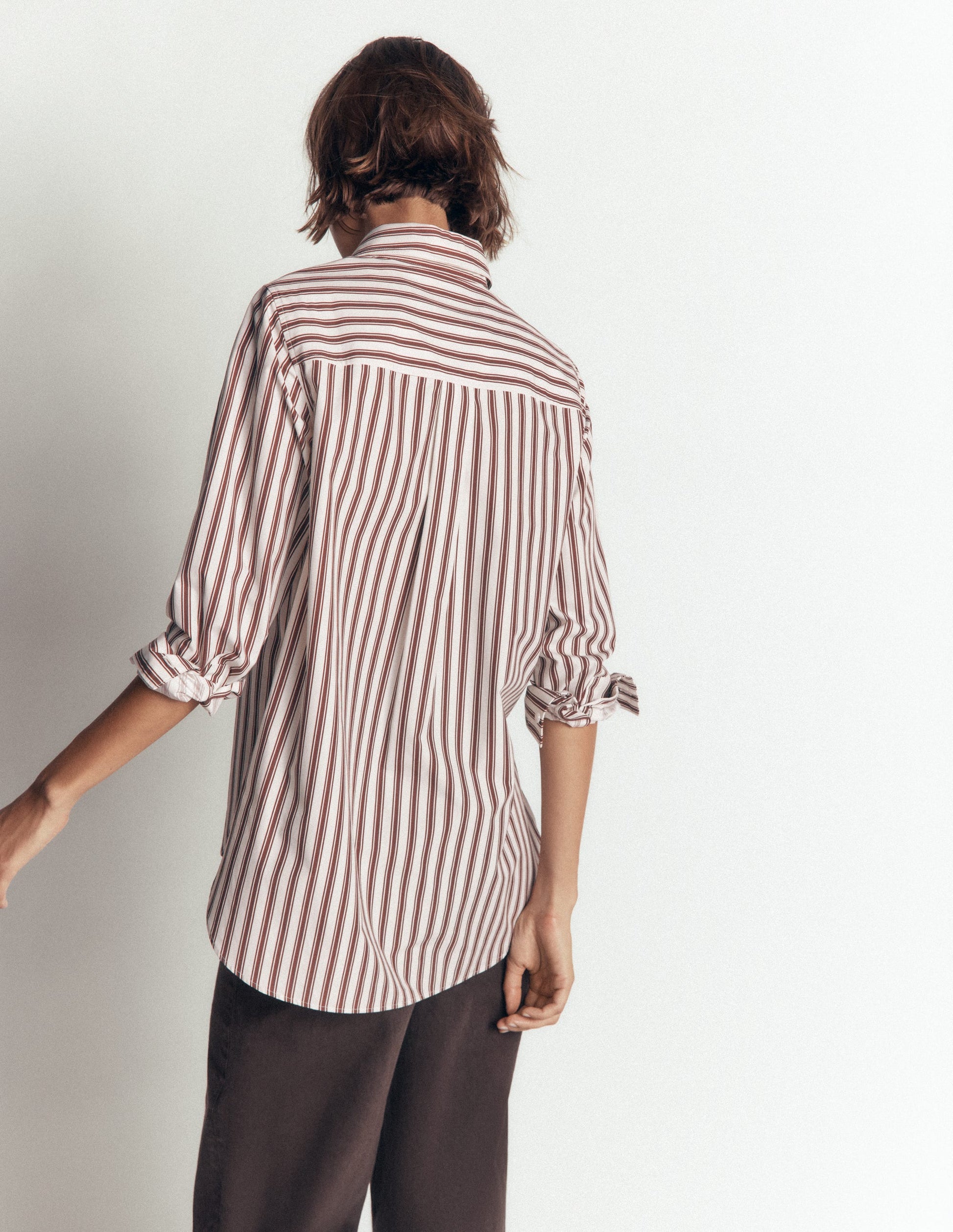 Anna Longline Cotton Shirt-Ivory, Brown Tram Stripe-3