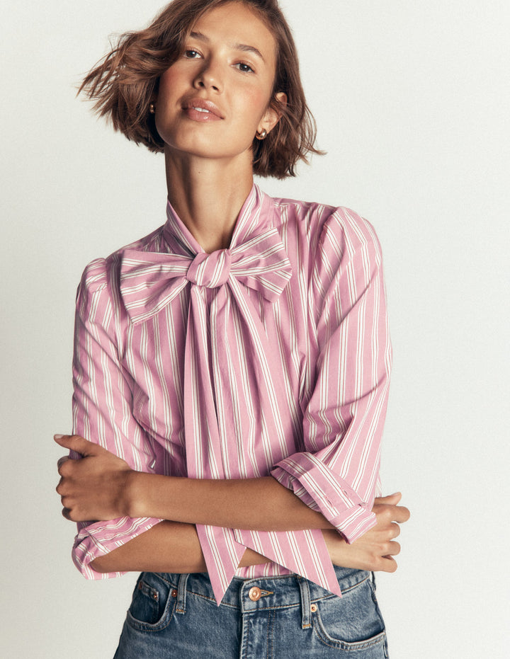 Clara Tie Neck Top-Pink and Brown Stripe