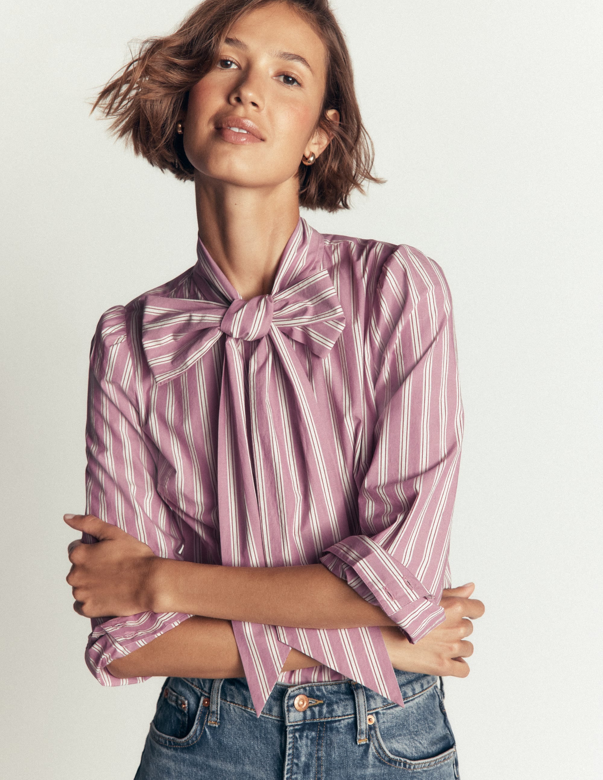 Clara Tie Neck Top-Pink and Brown Stripe - Image 1