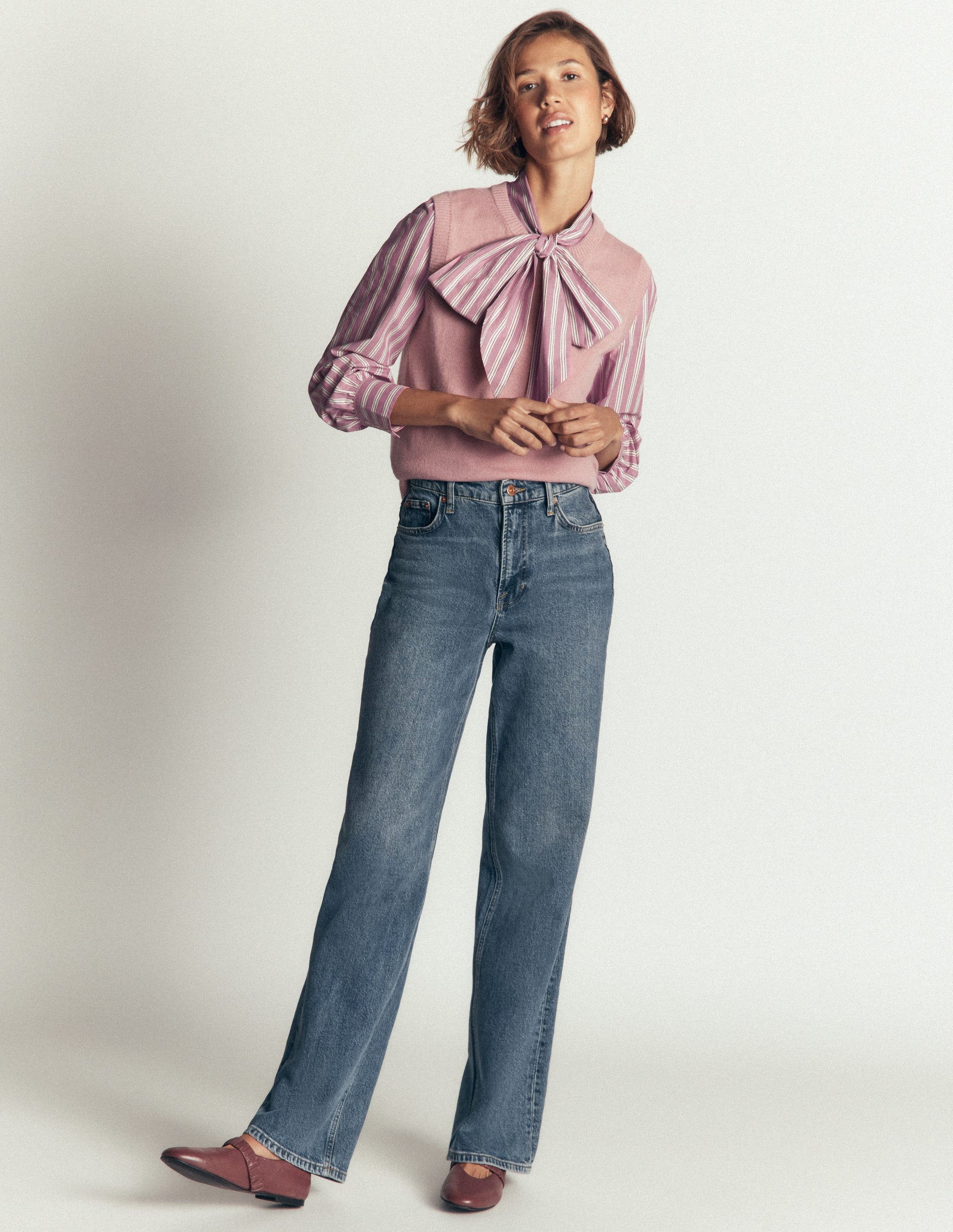 Clara Tie Neck Top-Pink and Brown Stripe-5