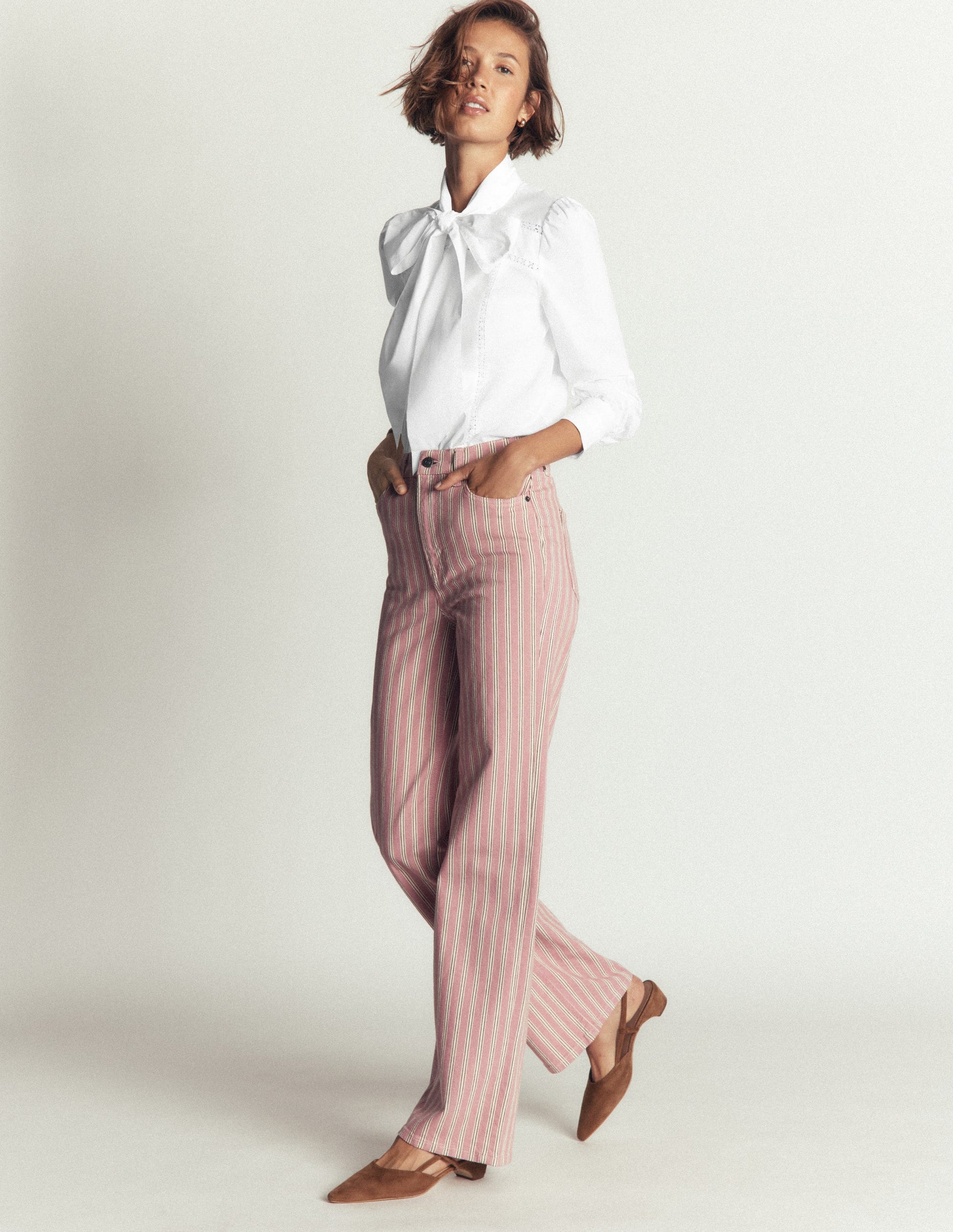 Clara Tie Neck Shirt-White Trim Detail-1