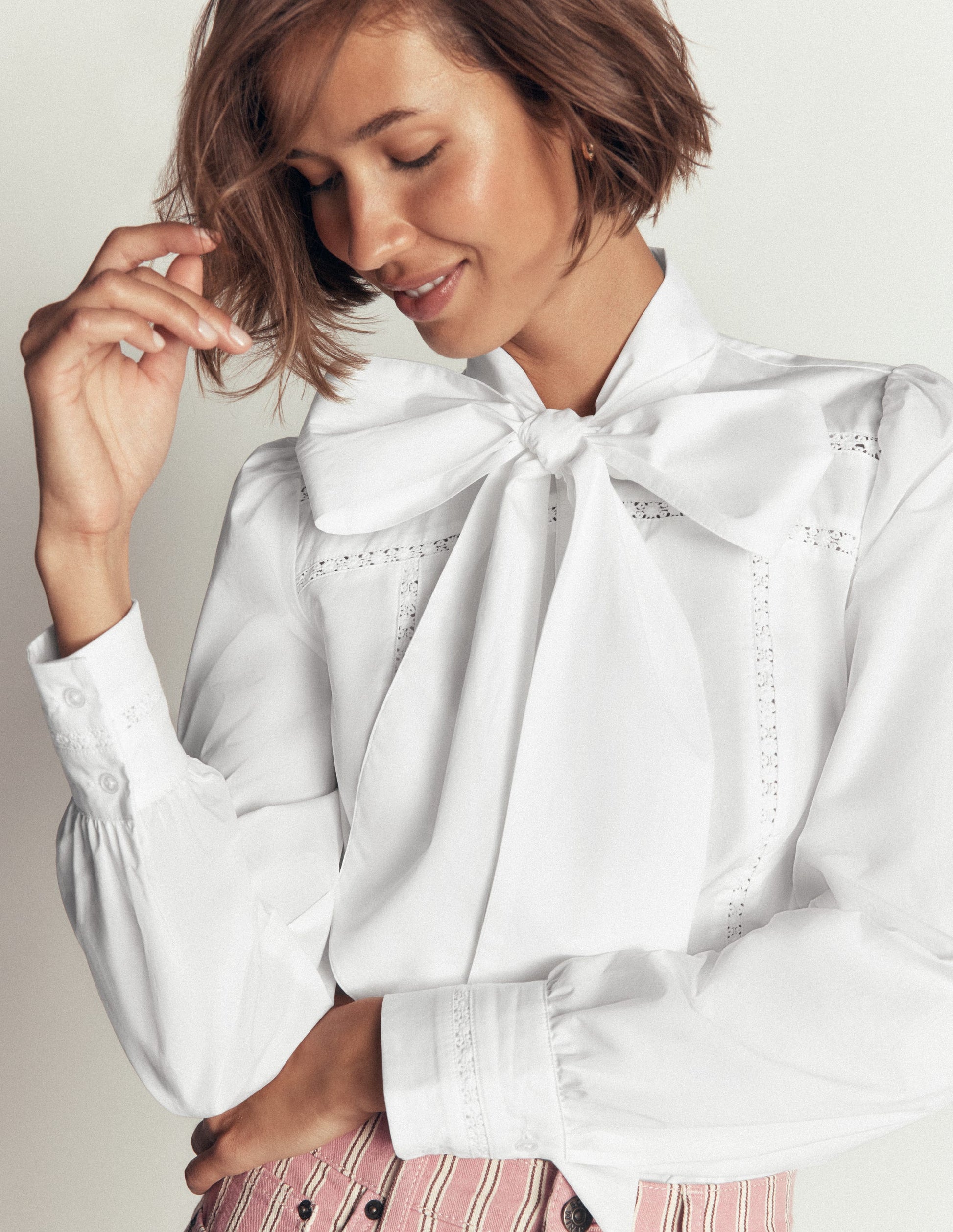 Clara Tie Neck Shirt-White Trim Detail-2