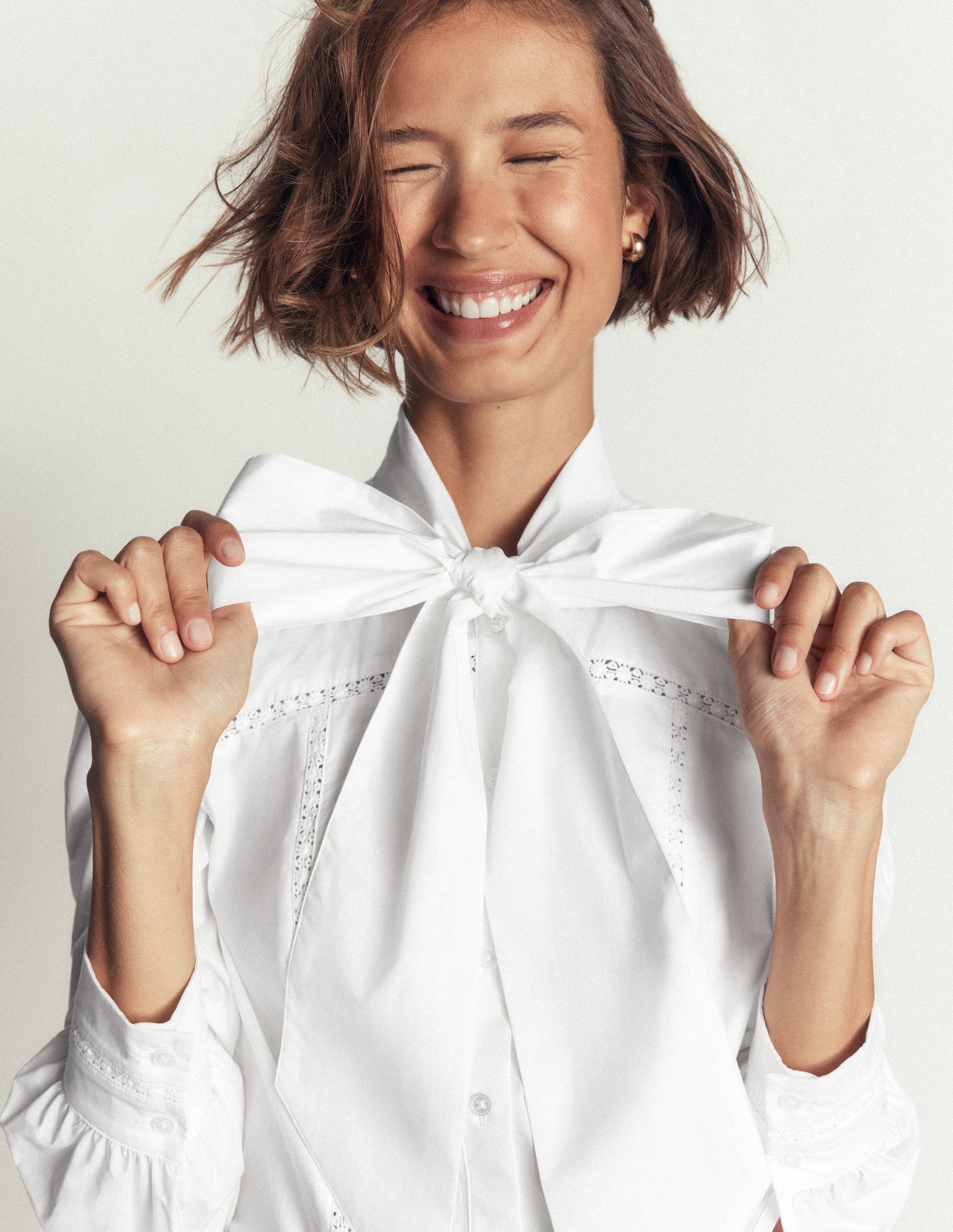 Clara Tie Neck Shirt-White Trim Detail-4