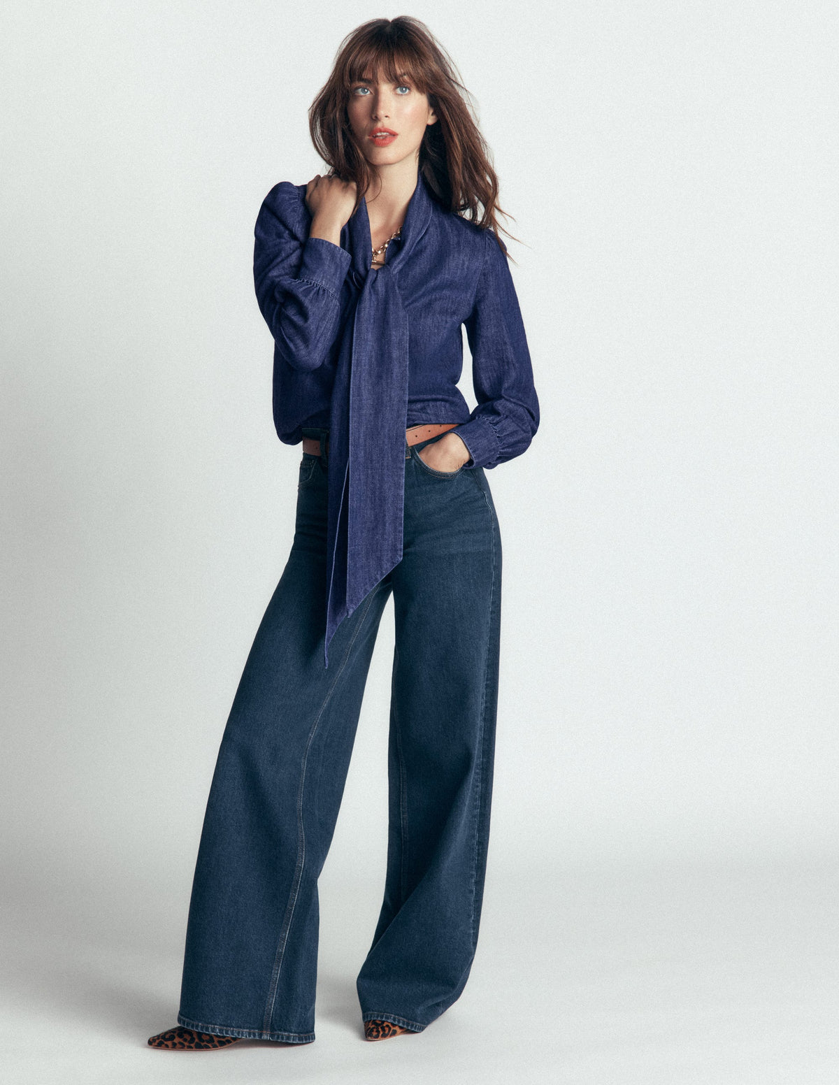 Clara Tie Neck Denim Top-Dark Indigo-1