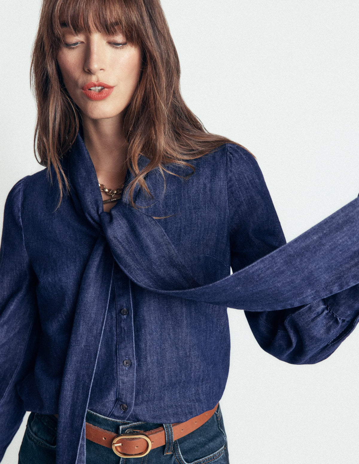 Clara Tie Neck Denim Top-Dark Indigo-3