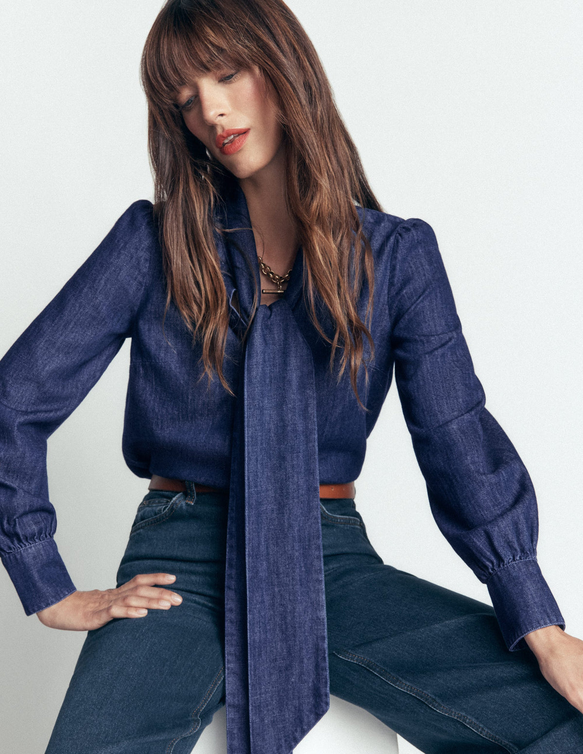 Clara Tie Neck Denim Top-Dark Indigo - Image 5