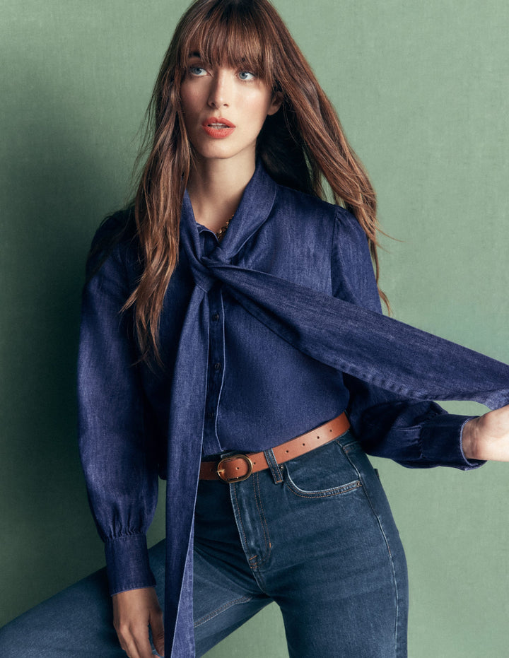 Clara Tie Neck Denim Top-Dark Indigo