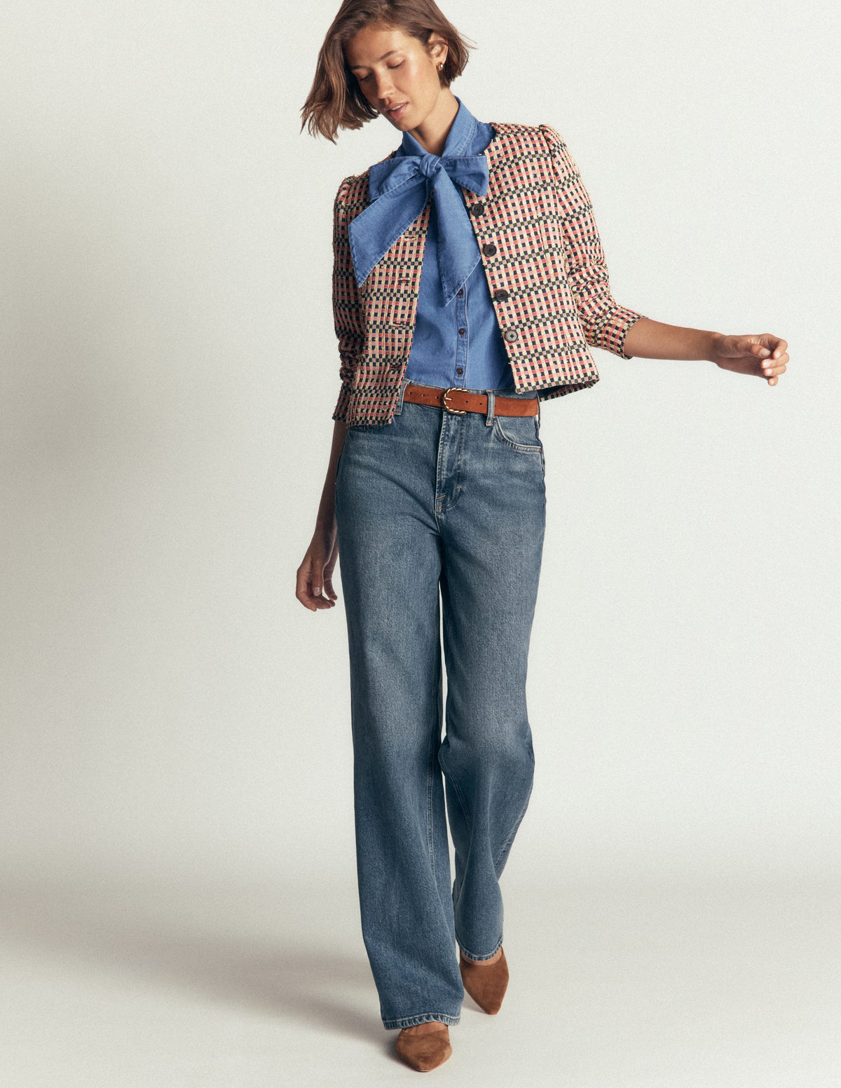 Tie Neck Denim Top-Light Vintage-4