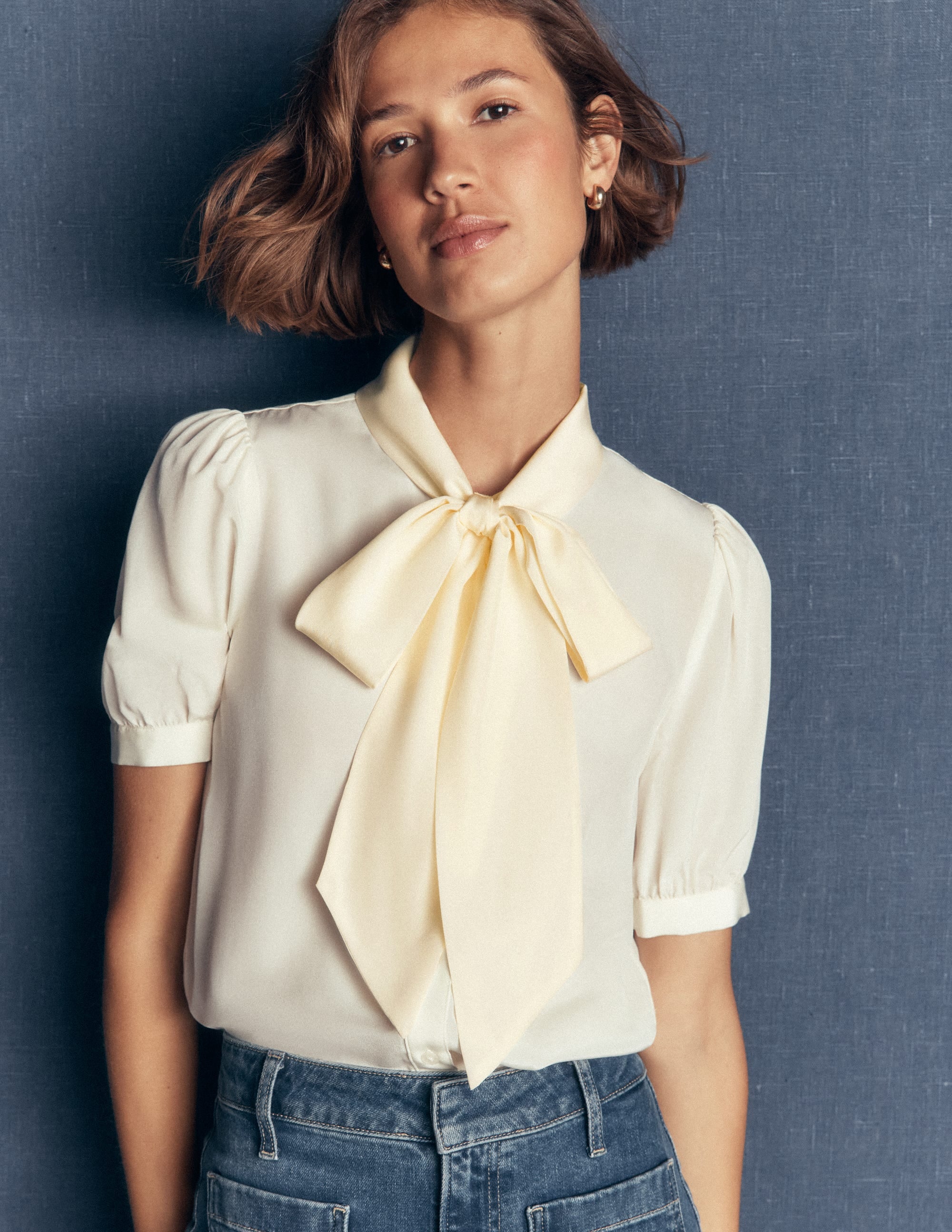 Tie Neck Silk Top-Ivory - Image 1