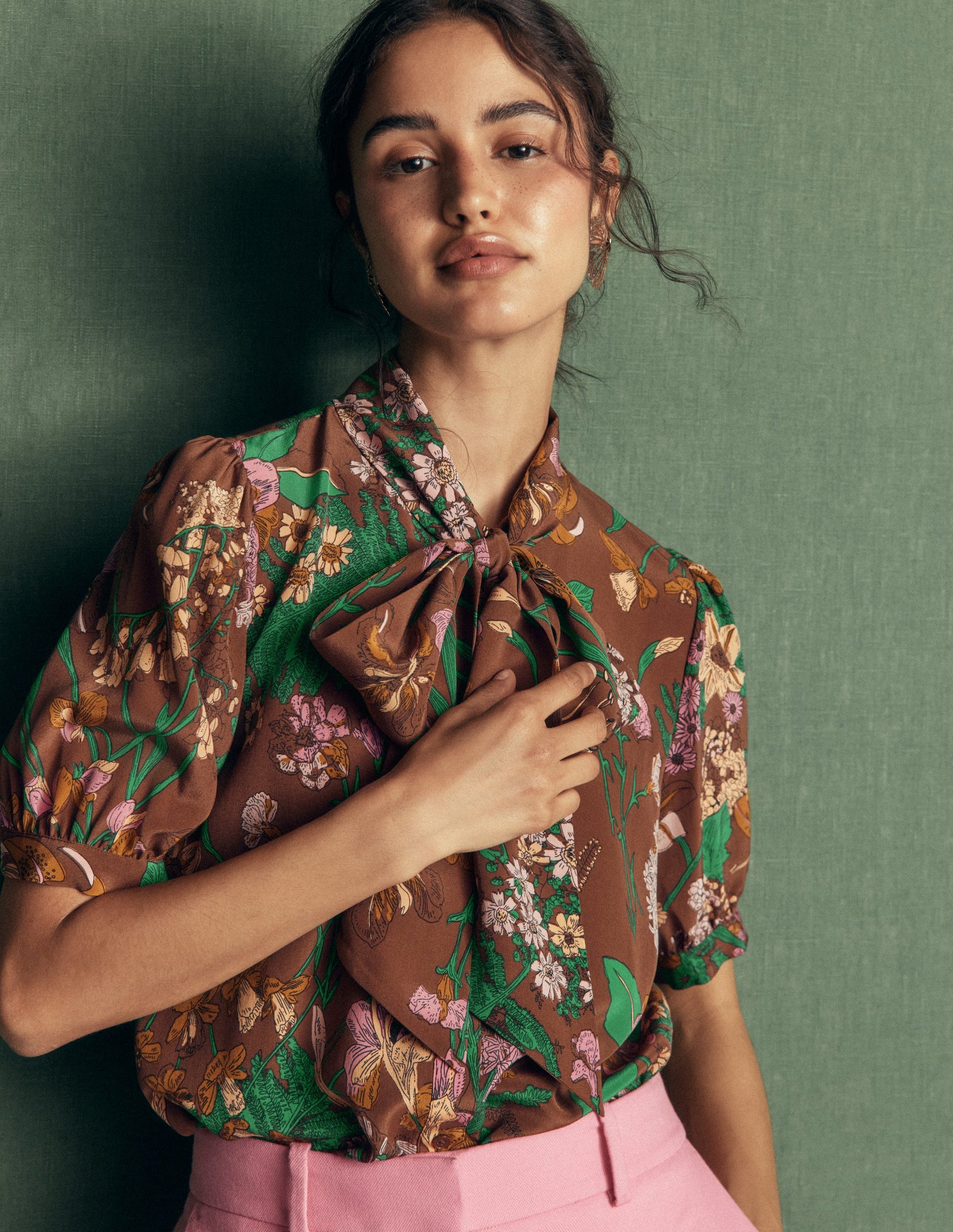 Tie Neck Silk Top-Woodland, Whimsical Flora-3