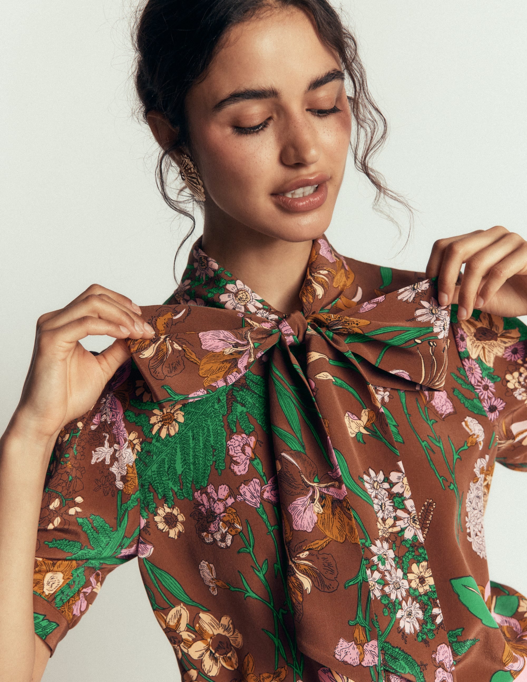 Tie Neck Silk Top-Woodland, Whimsical Flora - Image 3