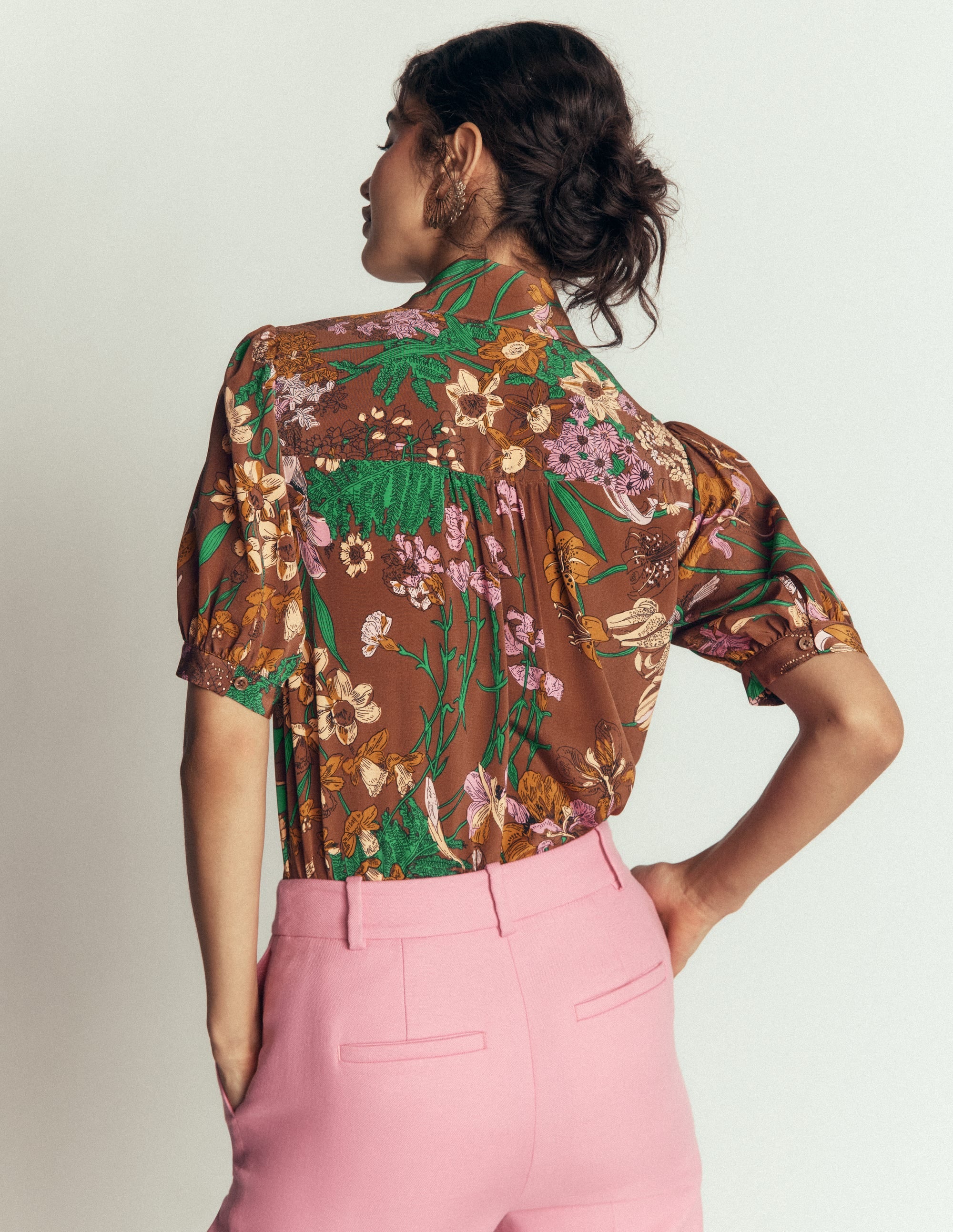 Tie Neck Silk Top-Woodland, Whimsical Flora - Image 4