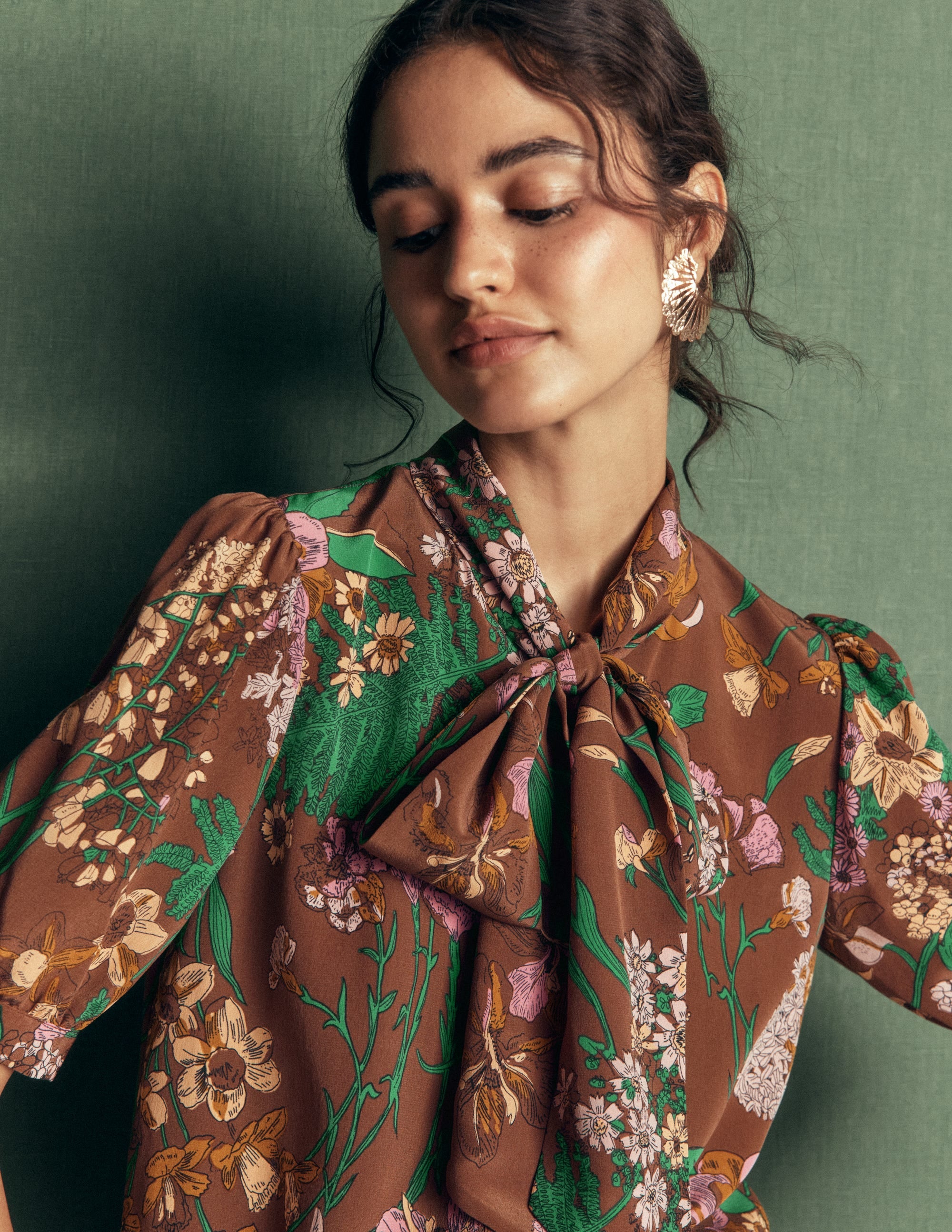 Tie Neck Silk Top-Woodland, Whimsical Flora - Image 6