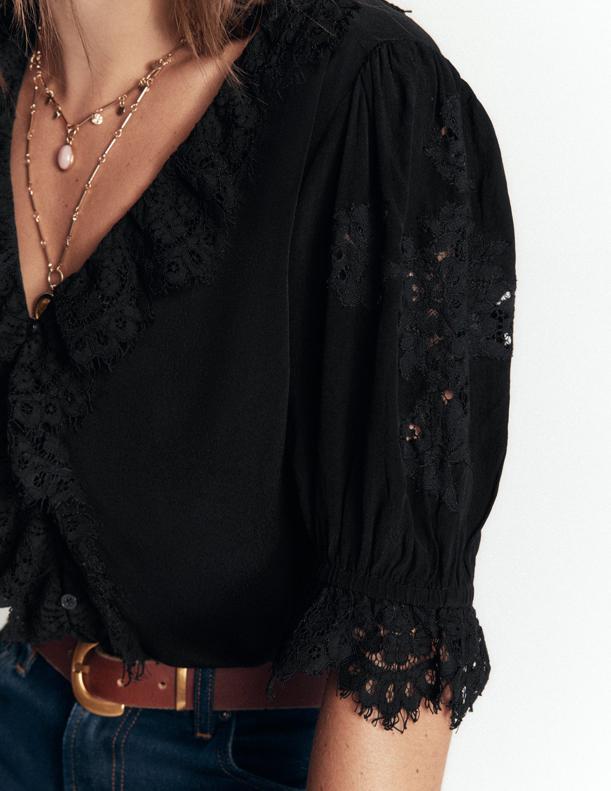 Ruffle V-neck Lace Top-Black-2