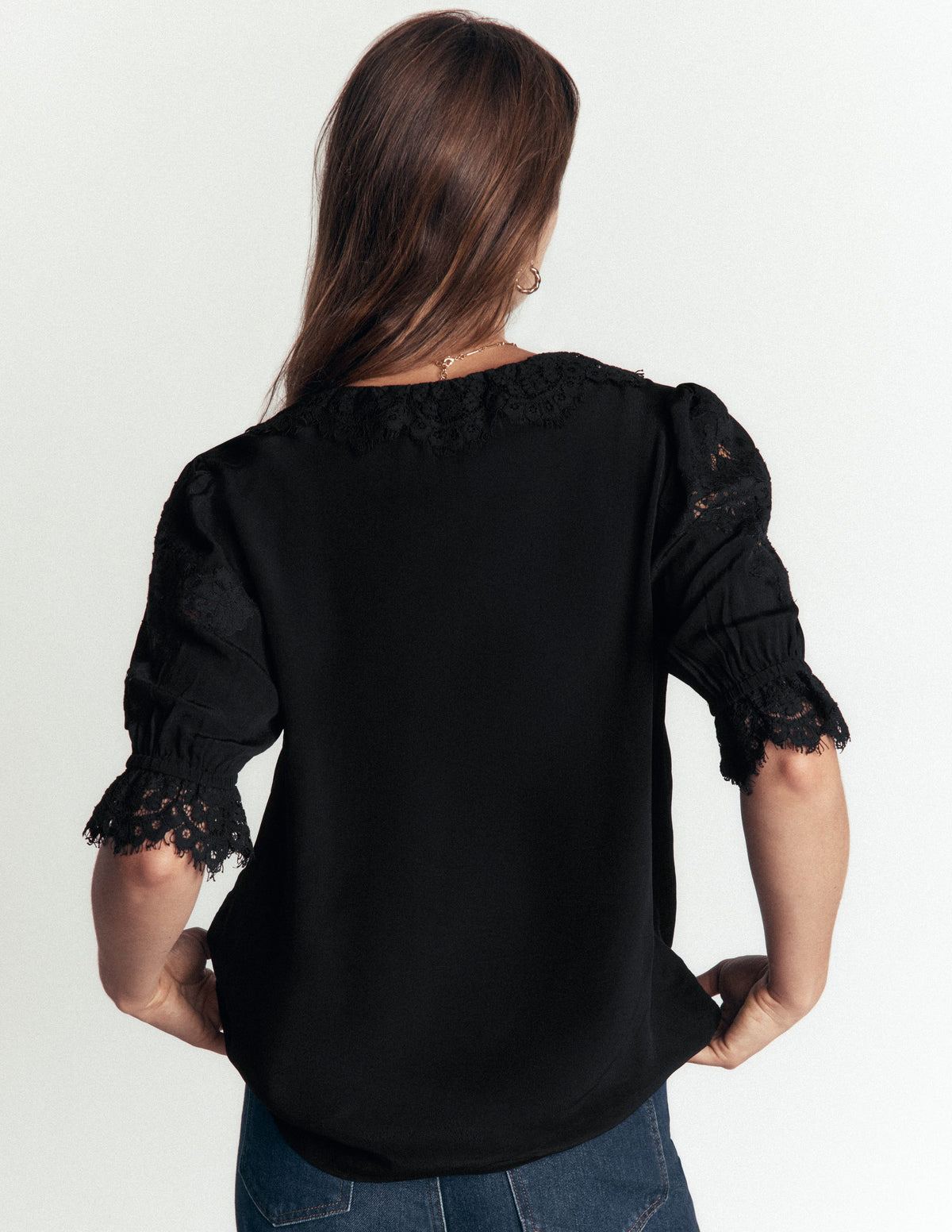Ruffle V-neck Lace Top-Black-3