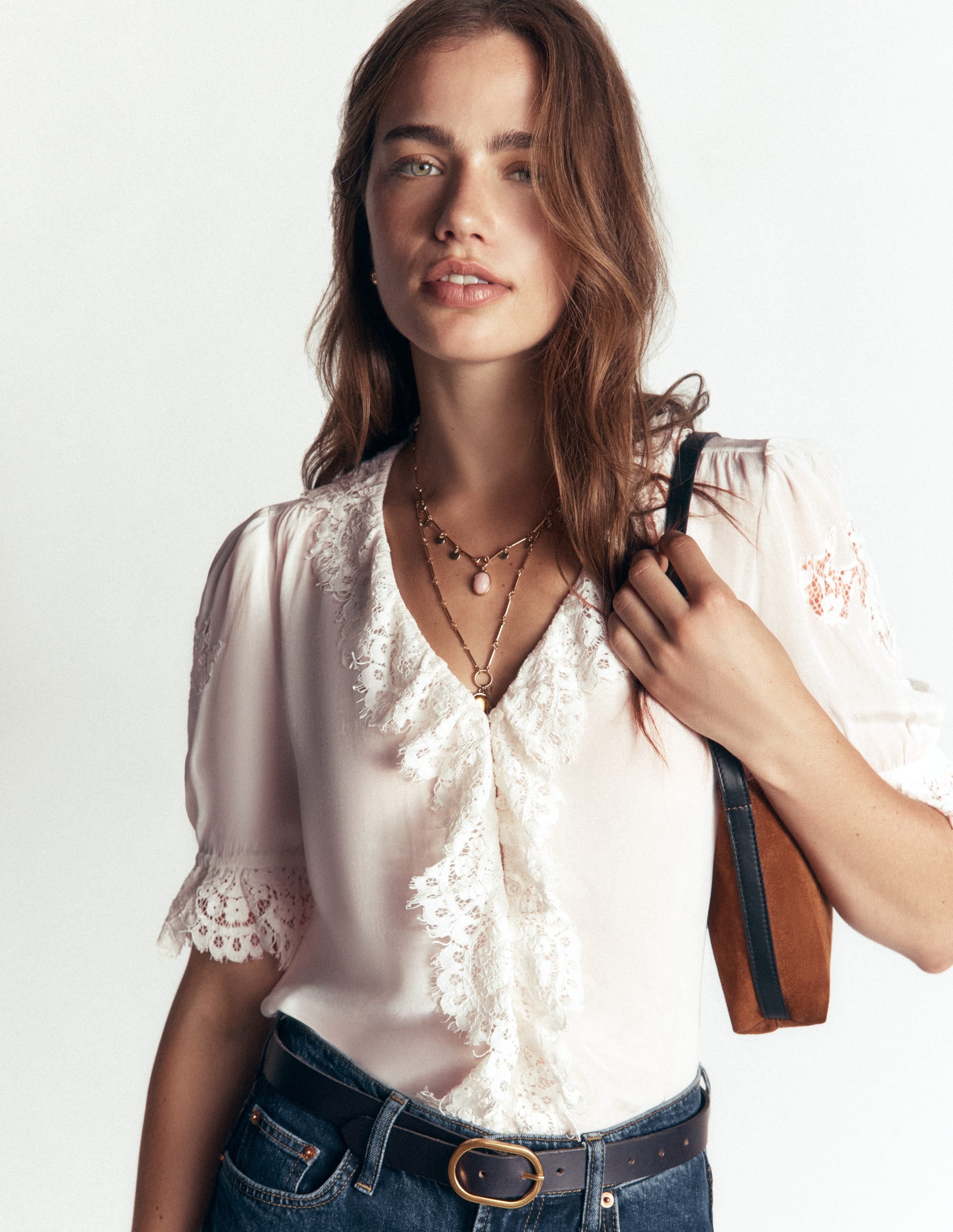 Ruffle V-neck Lace Top-Ivory - Image 5