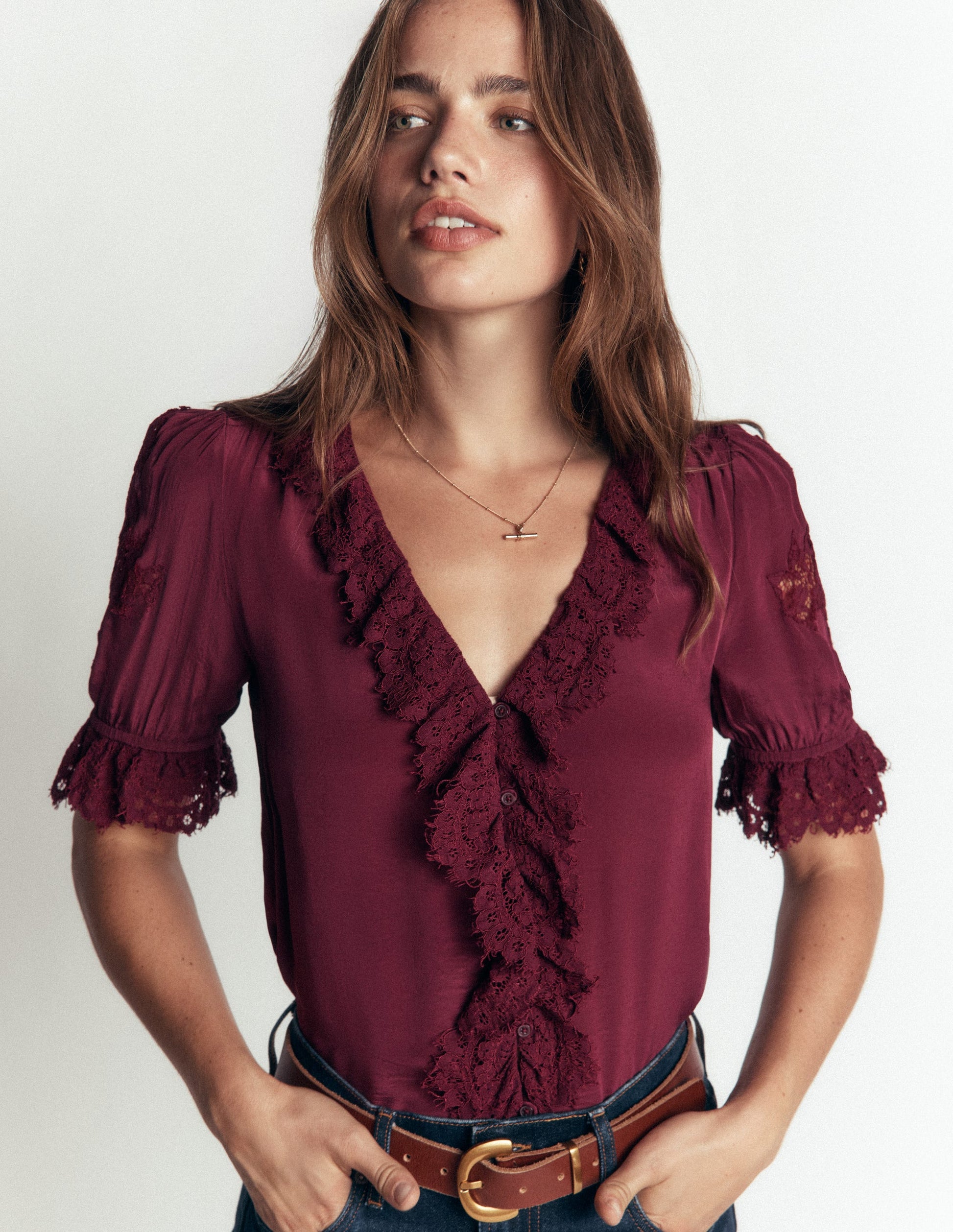 Ruffle V-neck Lace Top-Deep Wisteria-5