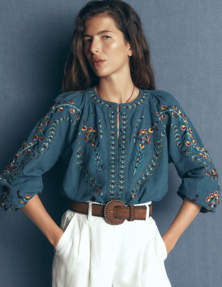 Raglan Embroidered Top-Mid Blue