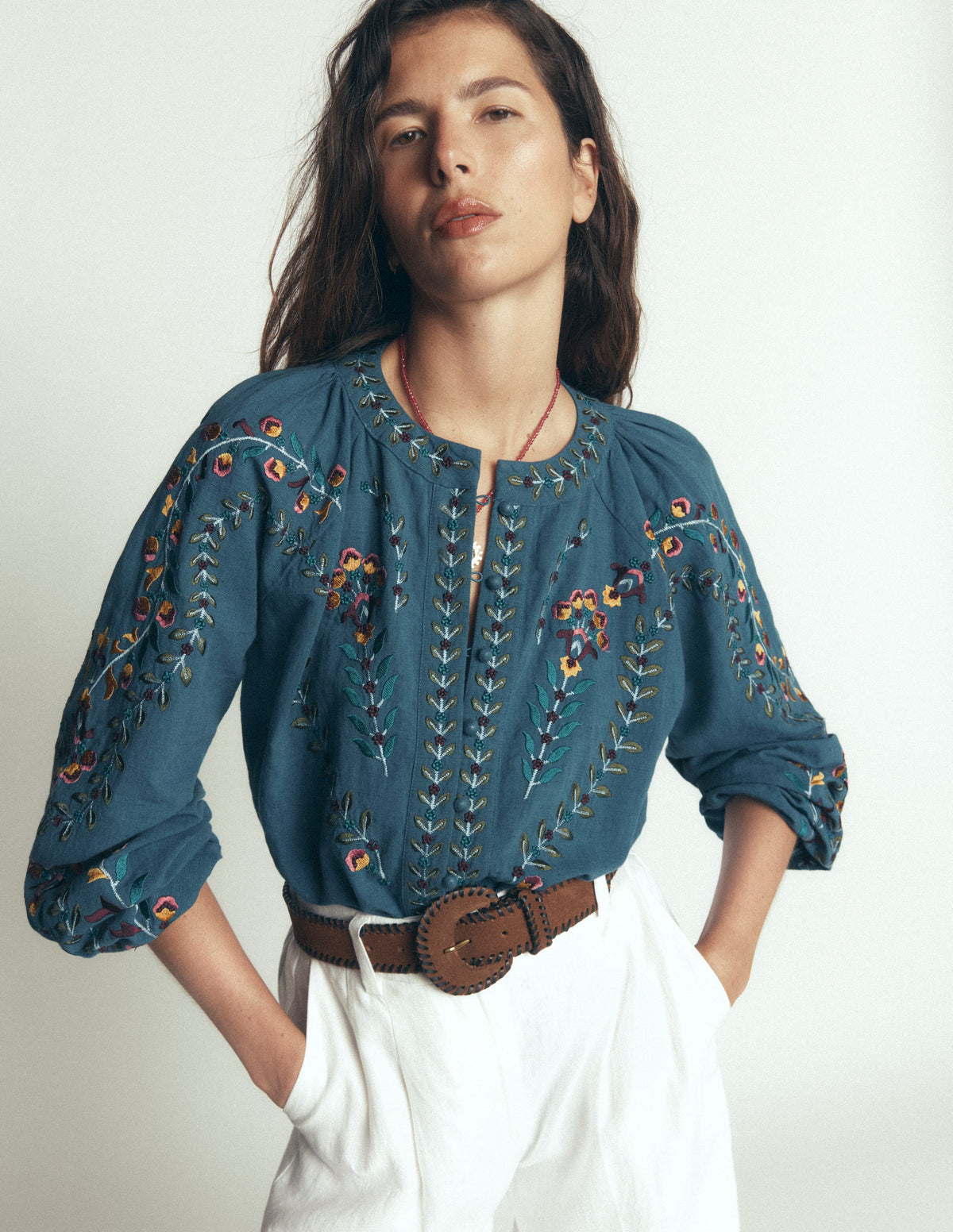 Raglan Embroidered Top-Mid Blue-2