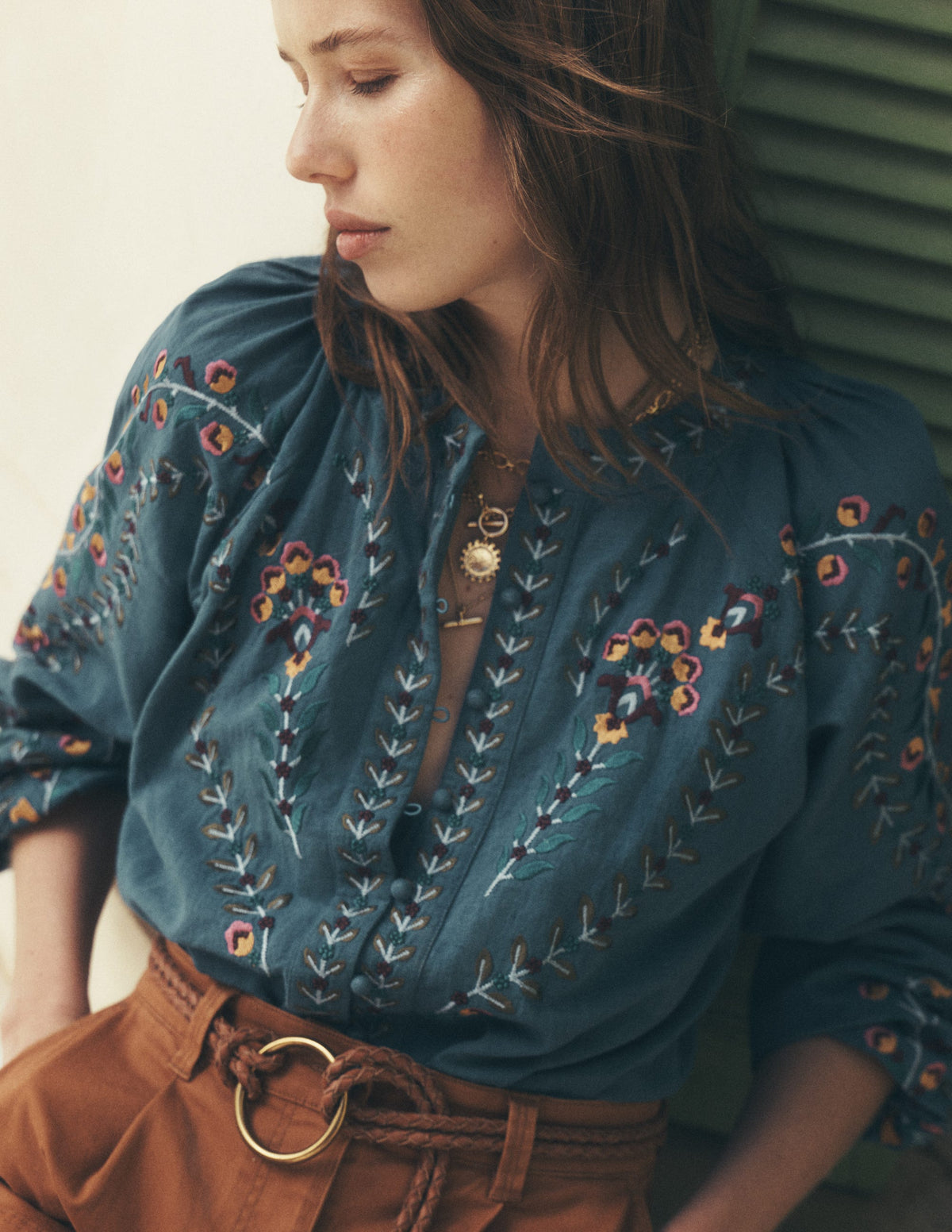 Raglan Embroidered Top-Mid Blue - Image 1