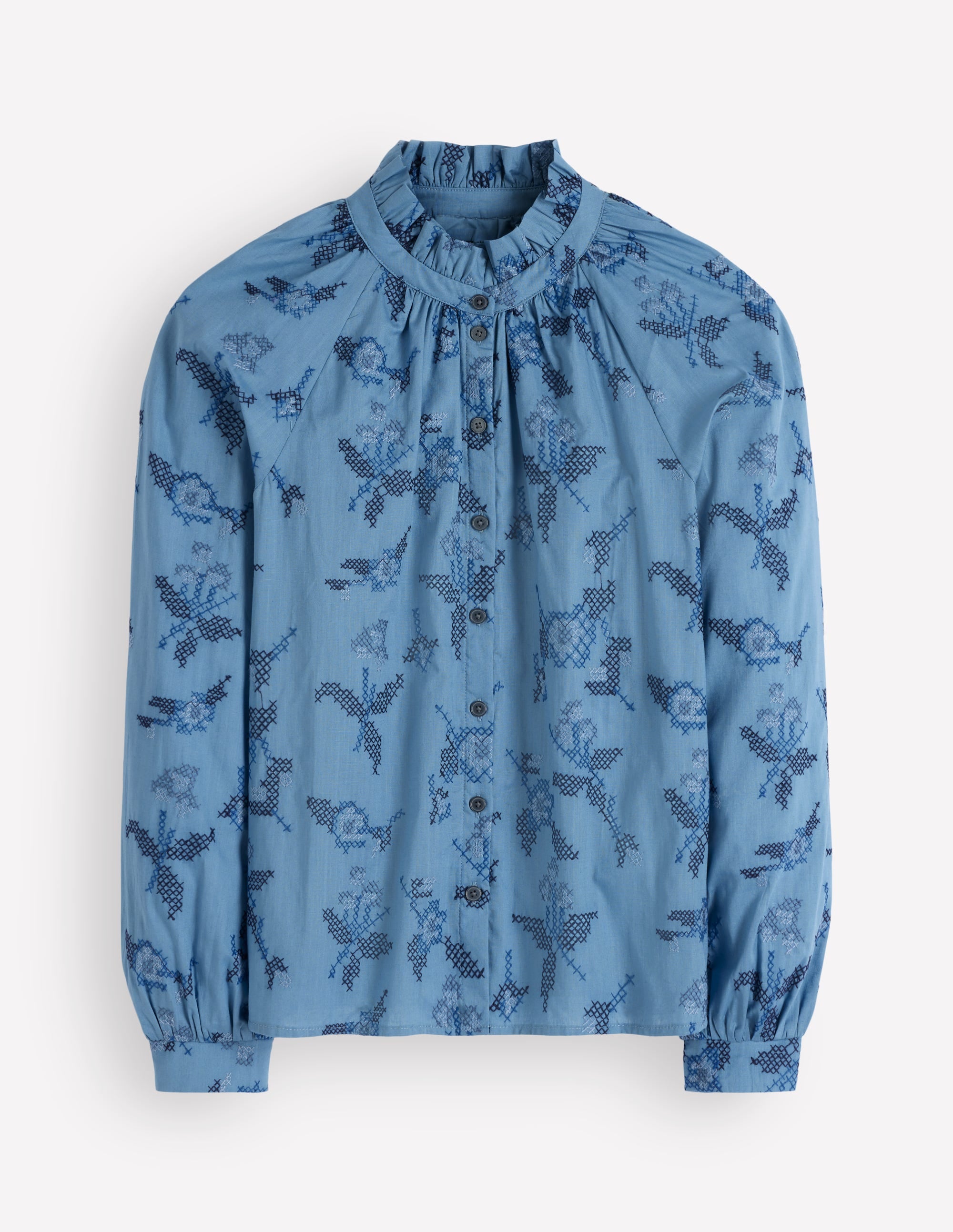 Erica Cotton Frill Top - Blue, Cross Stitch Floral | Boden USA
