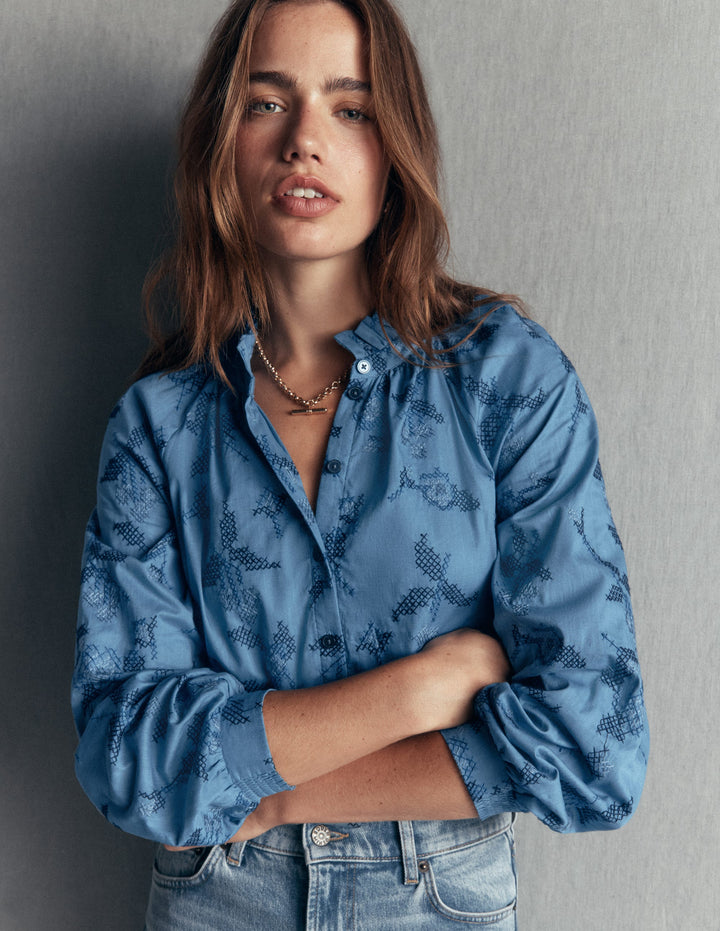 Erica Cotton Frill Top-Blue, Cross Stitch Floral