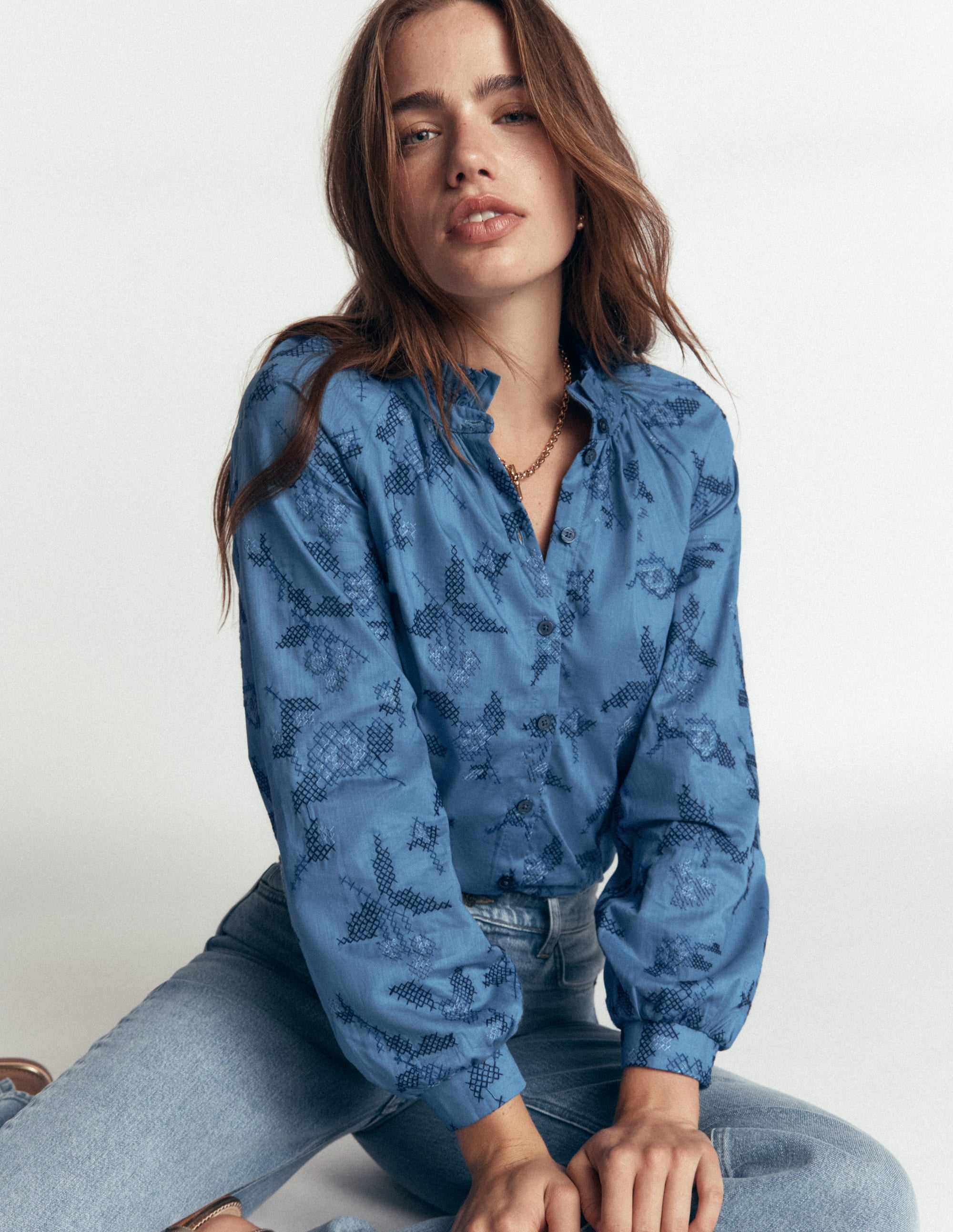 Erica Cotton Frill Top - Blue, Cross Stitch Floral | Boden USA