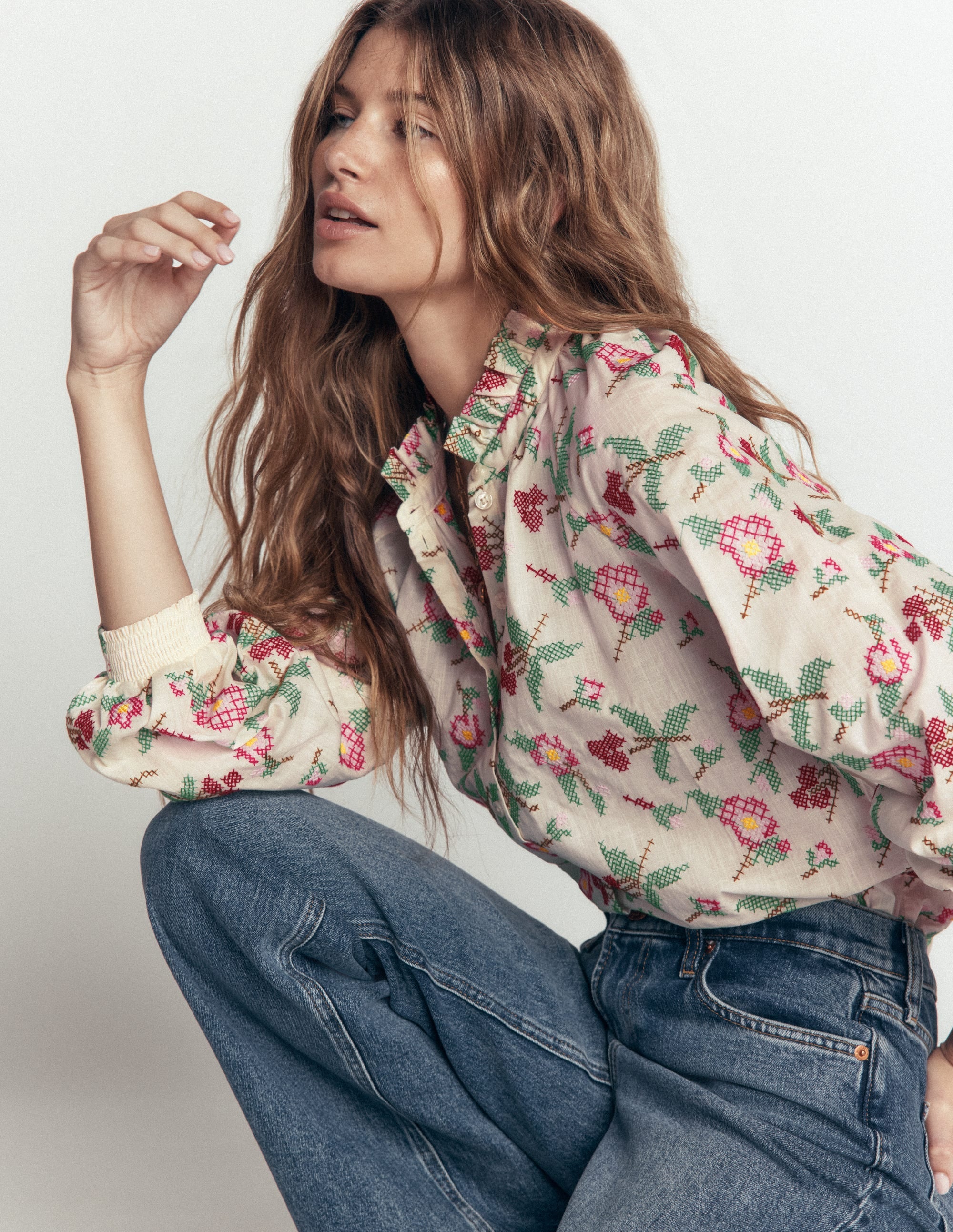 Erica Cotton Frill Top - White Cross Stitch Floral | Boden USA
