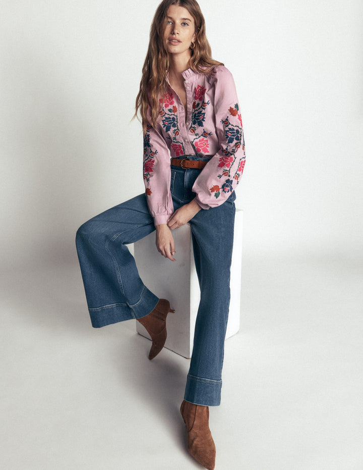Erica Cotton Frill Top-Soft Pink, Embroidered Floral