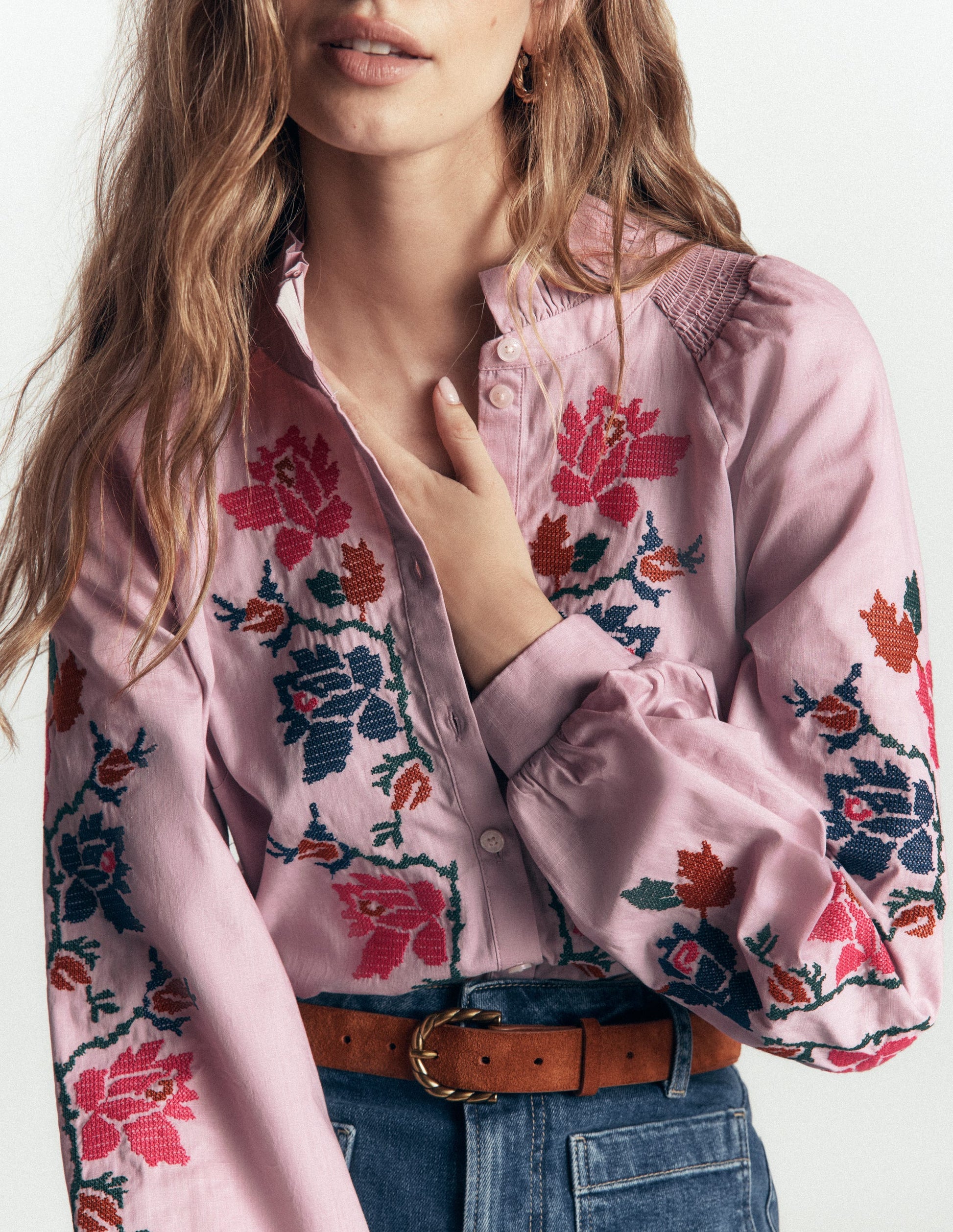 Erica Cotton Frill Top-Soft Pink, Embroidered Floral-5
