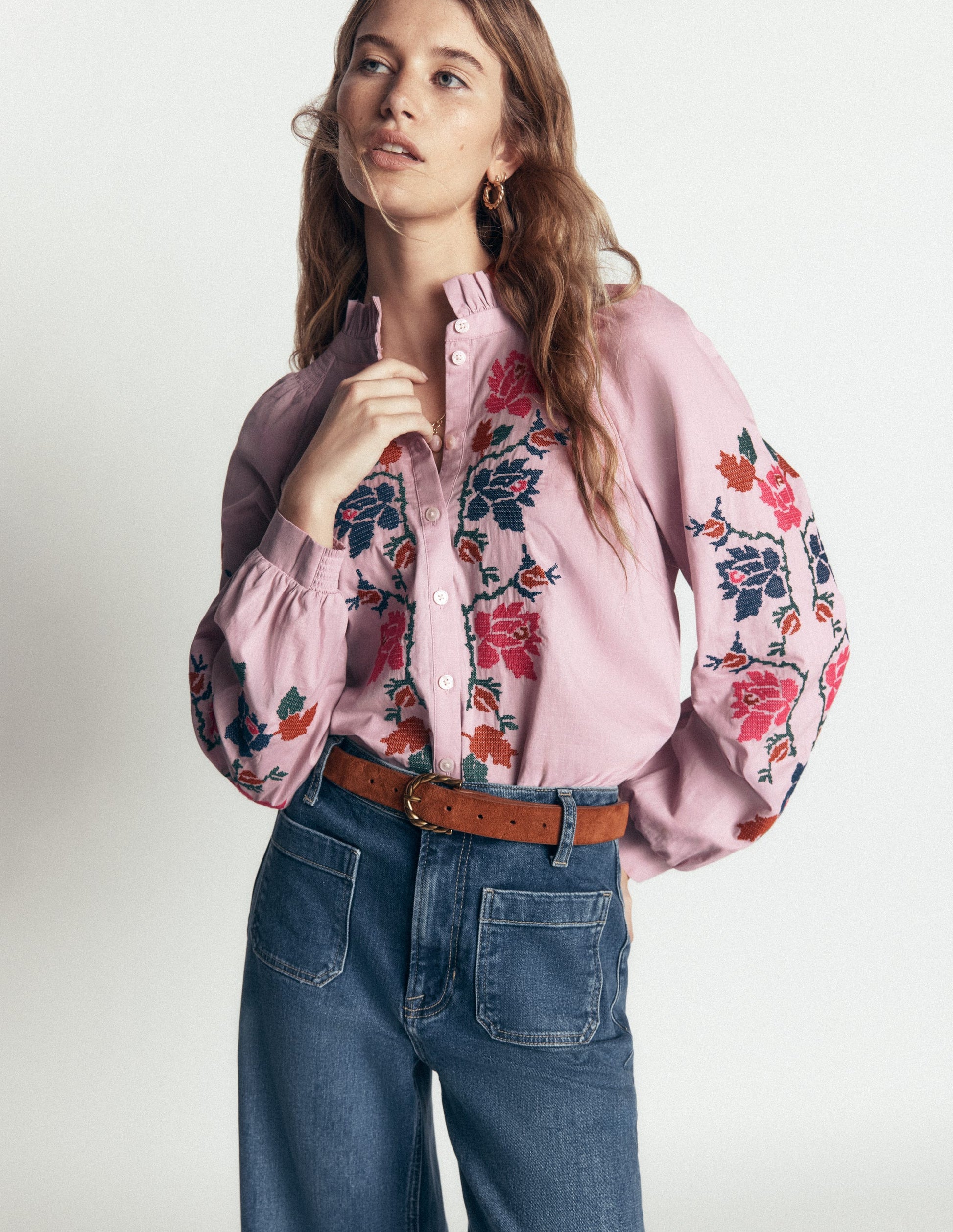 Erica Cotton Frill Top-Soft Pink, Embroidered Floral-7