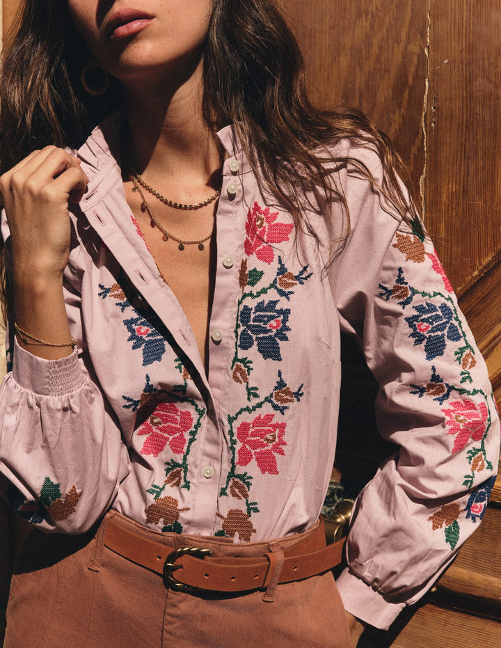 Erica Cotton Frill Top-Soft Pink, Embroidered Floral