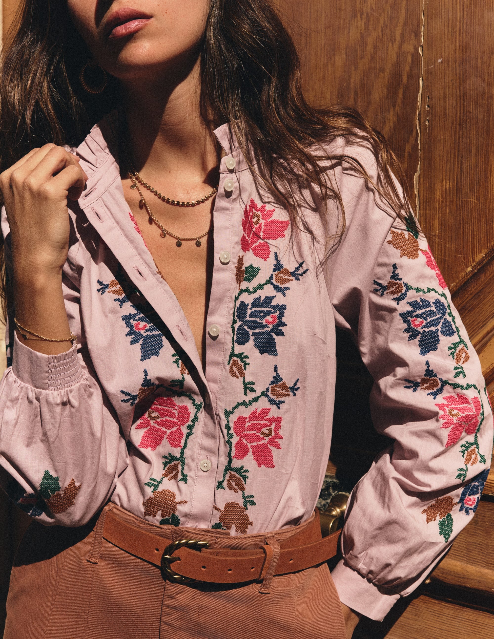 Erica Cotton Frill Top-Soft Pink, Embroidered Floral - Image 1