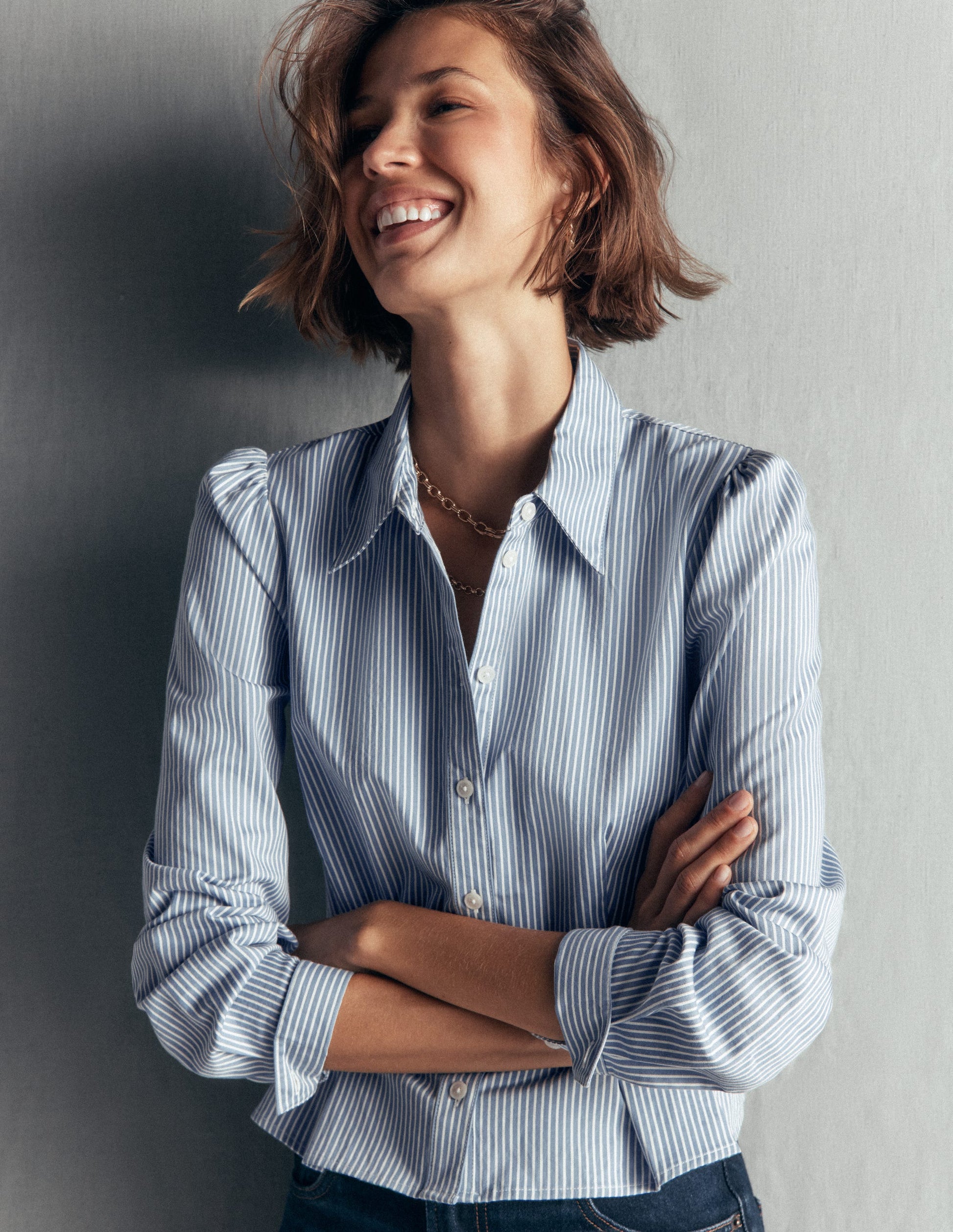 Julia Darted Cotton Shirt-Soft Blue, Ivory Stripe-1