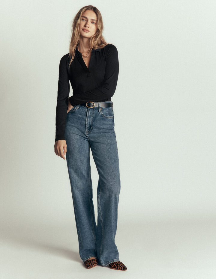Open Collar Notch Neck-Black
