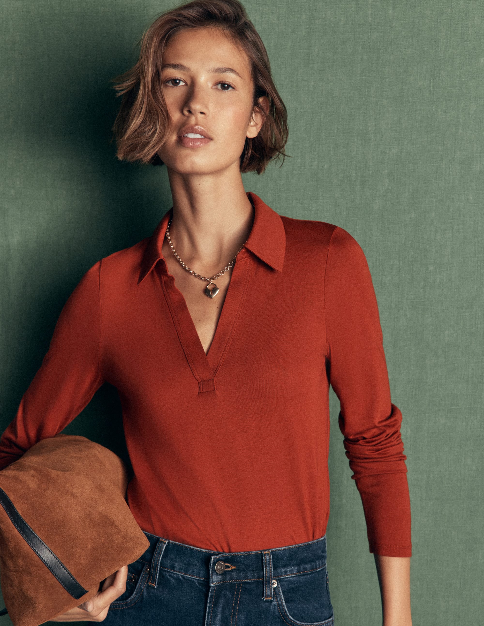 Supersoft Open Collar Shirt - Burnt Orange | Boden USA